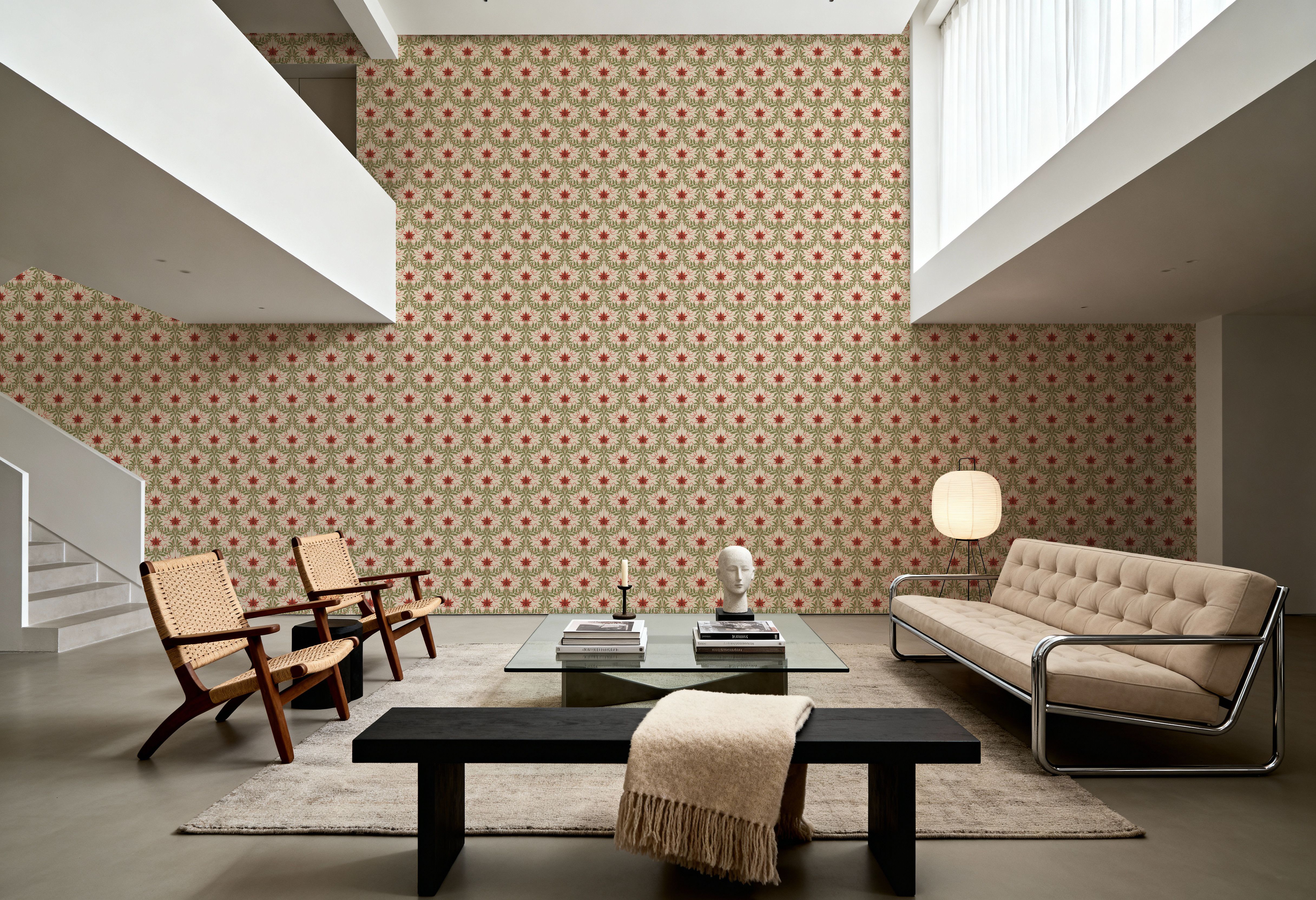 Floral Damask & Bows, Coral, Wallpaper