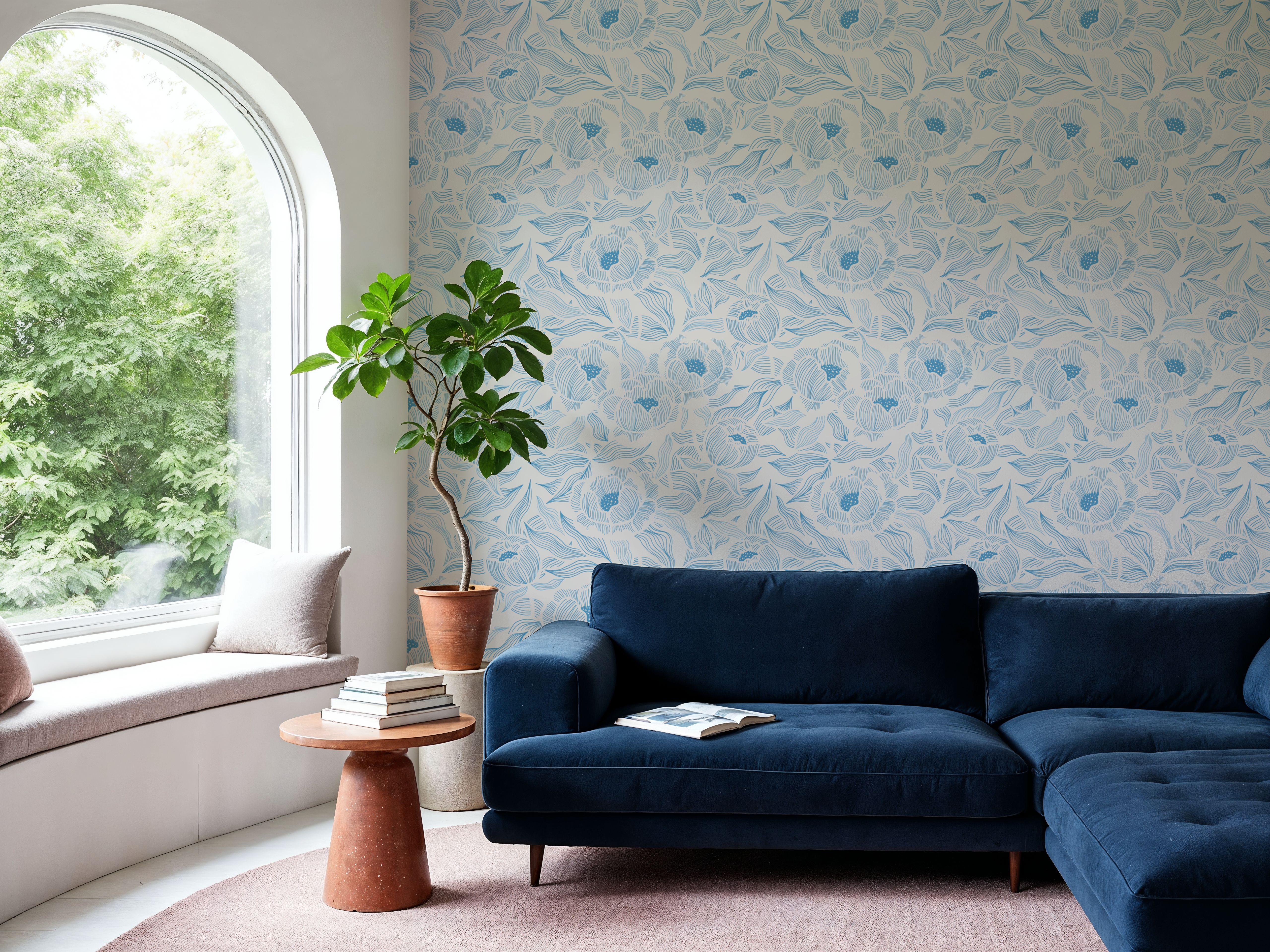 Hidden Peonies, Blue on Beige