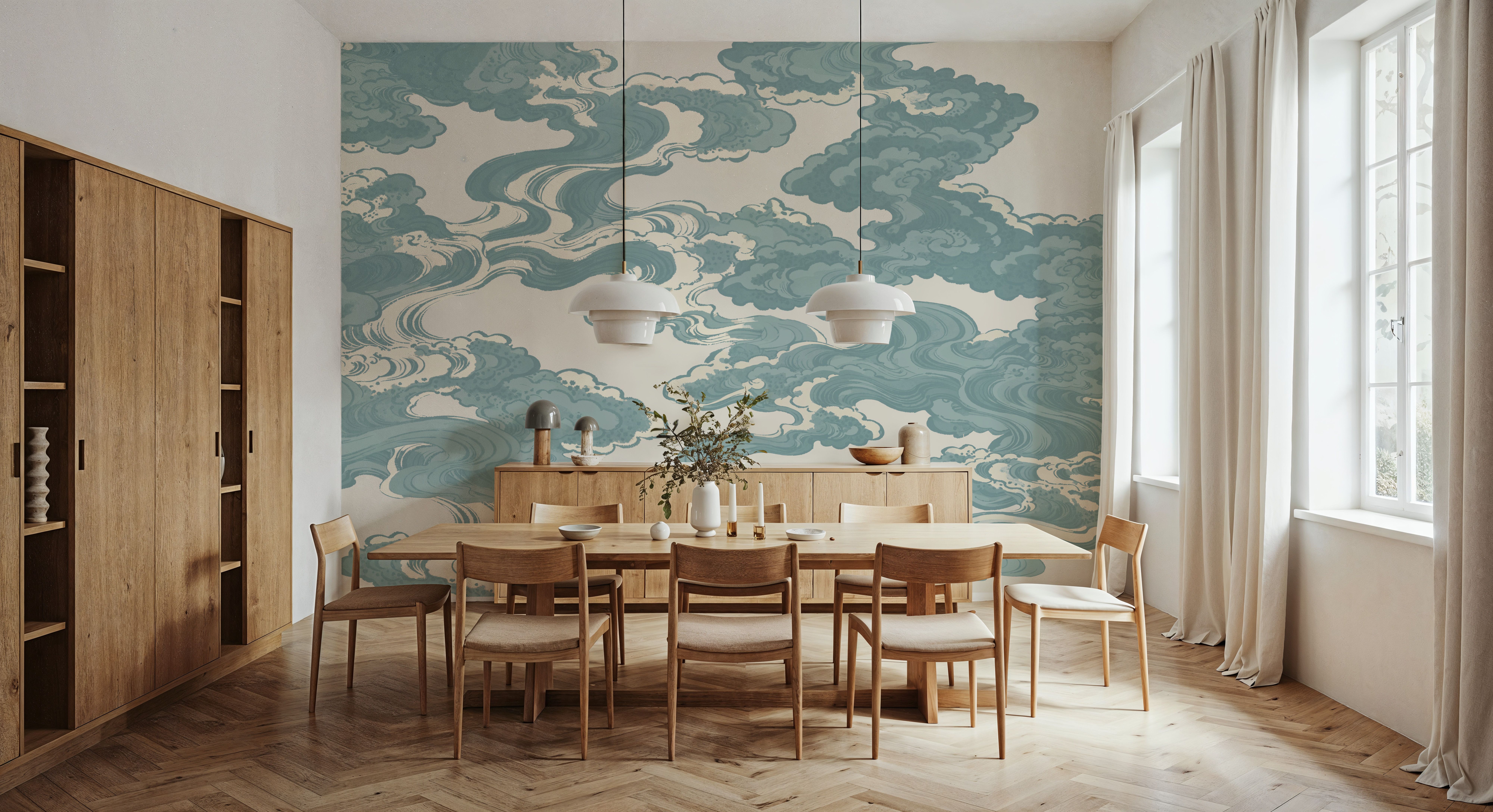 Ukiyo-e Clouds, Soft Teal, Wallpaper