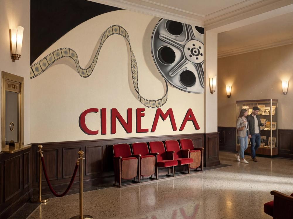 an interior image of a retro cinema foyer with a cinema themed wallpaper mural on the wall