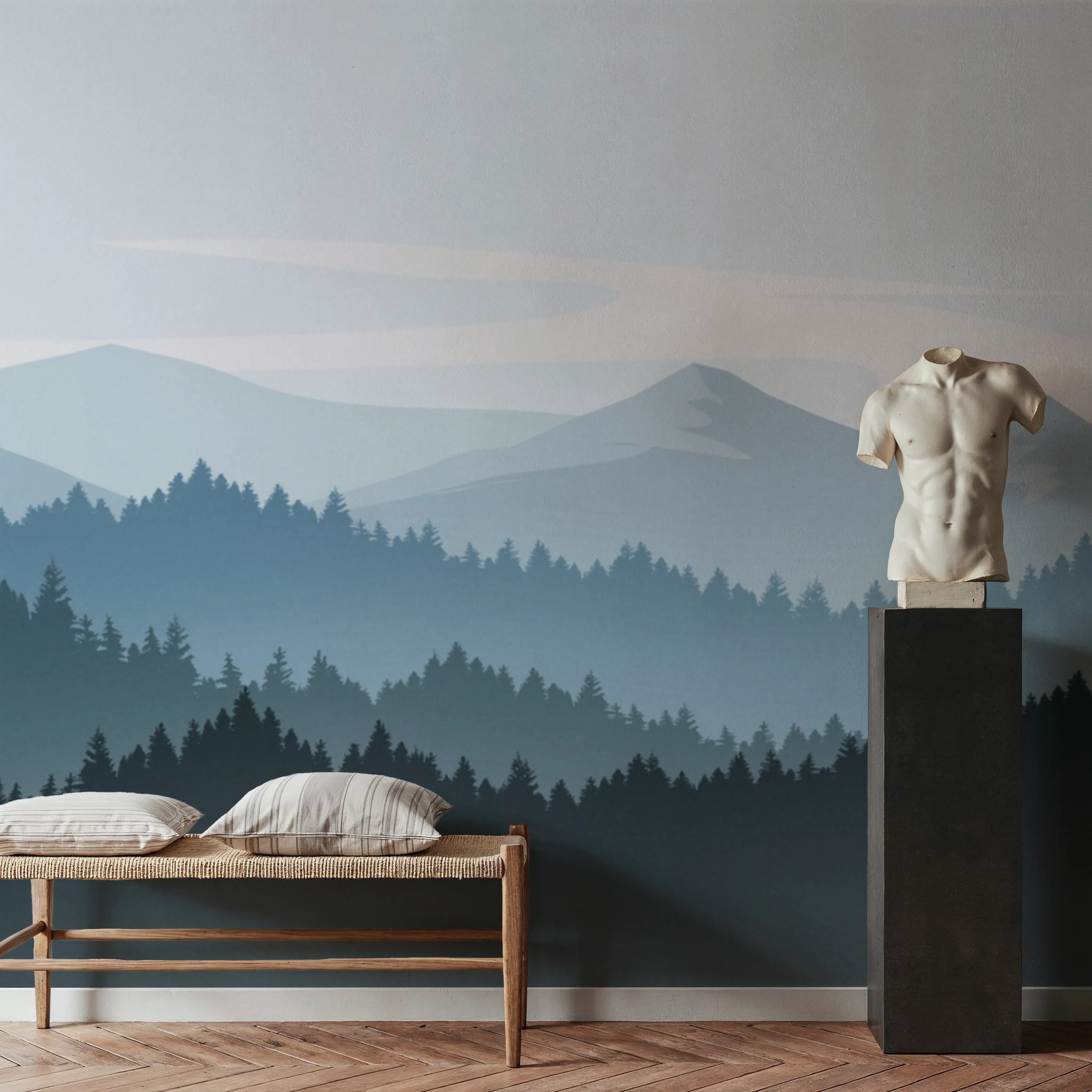 Fotobehang - Mountain Blues in Paper - Bos Natuur Mural - Blauw - Woonkamer - Wallism België - Zelfklevend of Vliesbehang