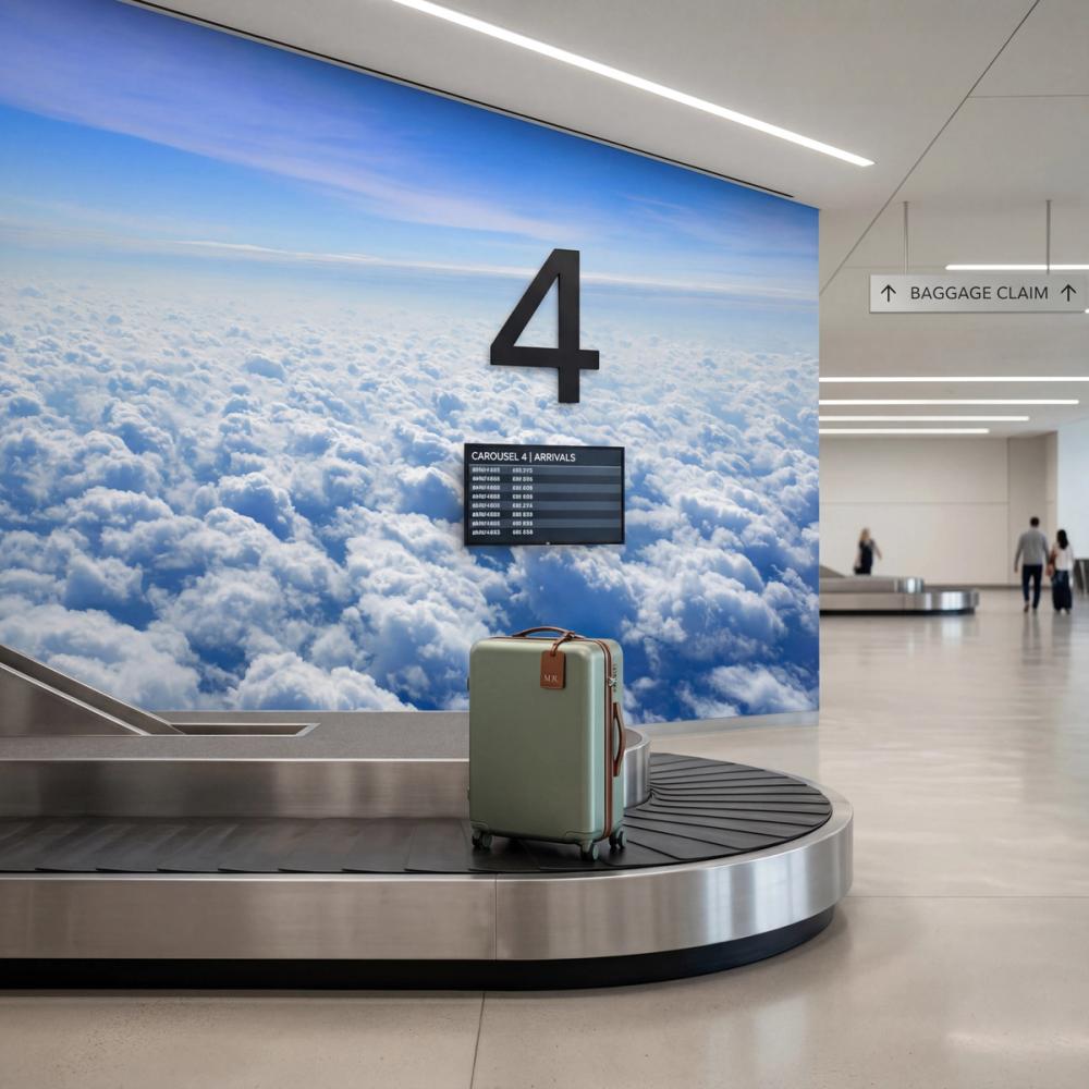 a photo of an airport baggage claim area with a cloud themed wallpaper mural on the wall
