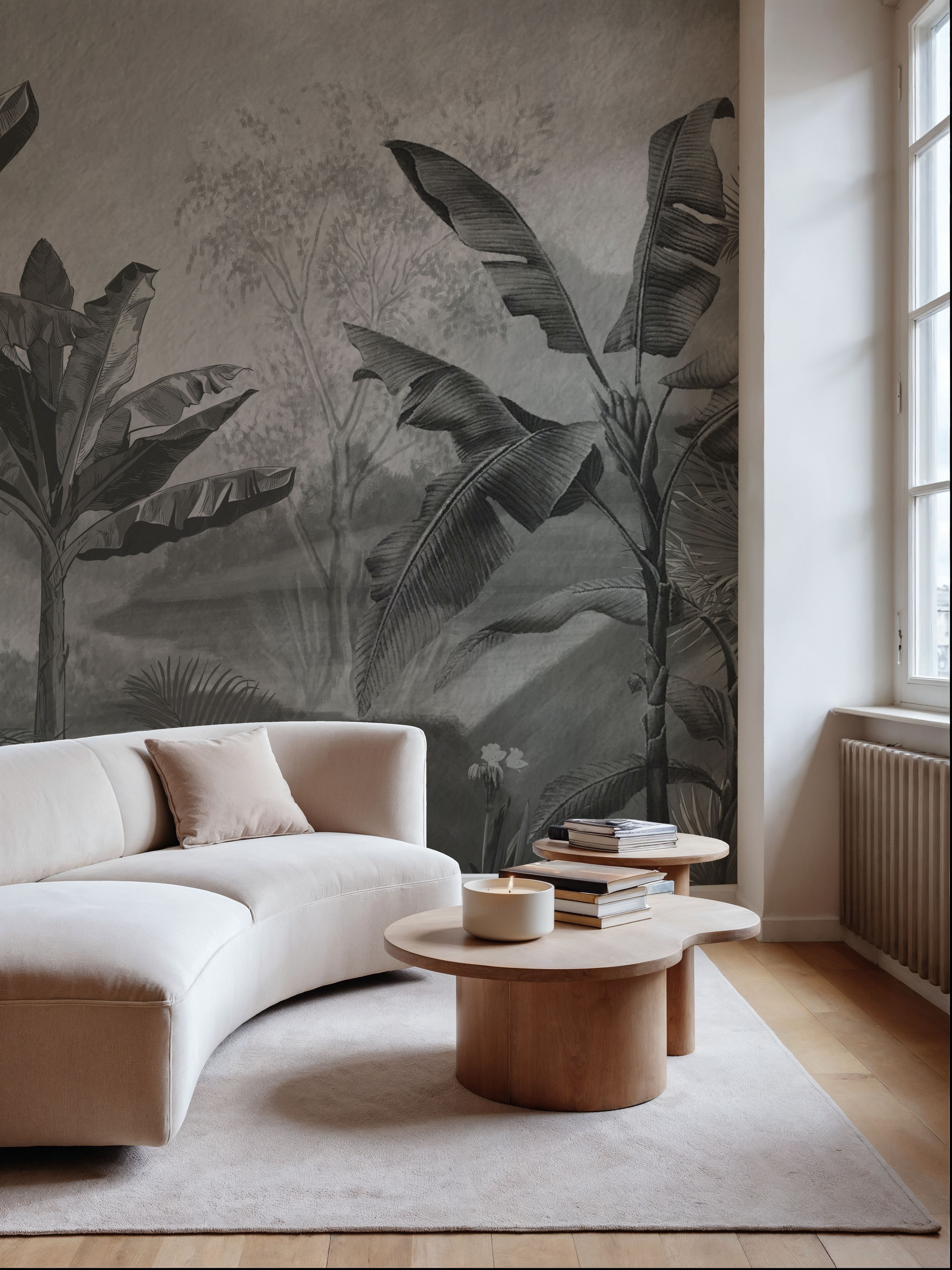 Wall Mural - Tropical Banan Plant Sketch - Chinoiserie Forest mural wallpaper - Gray - Bedroom - Wallism US - Premium, Textured or Peel & Stick
