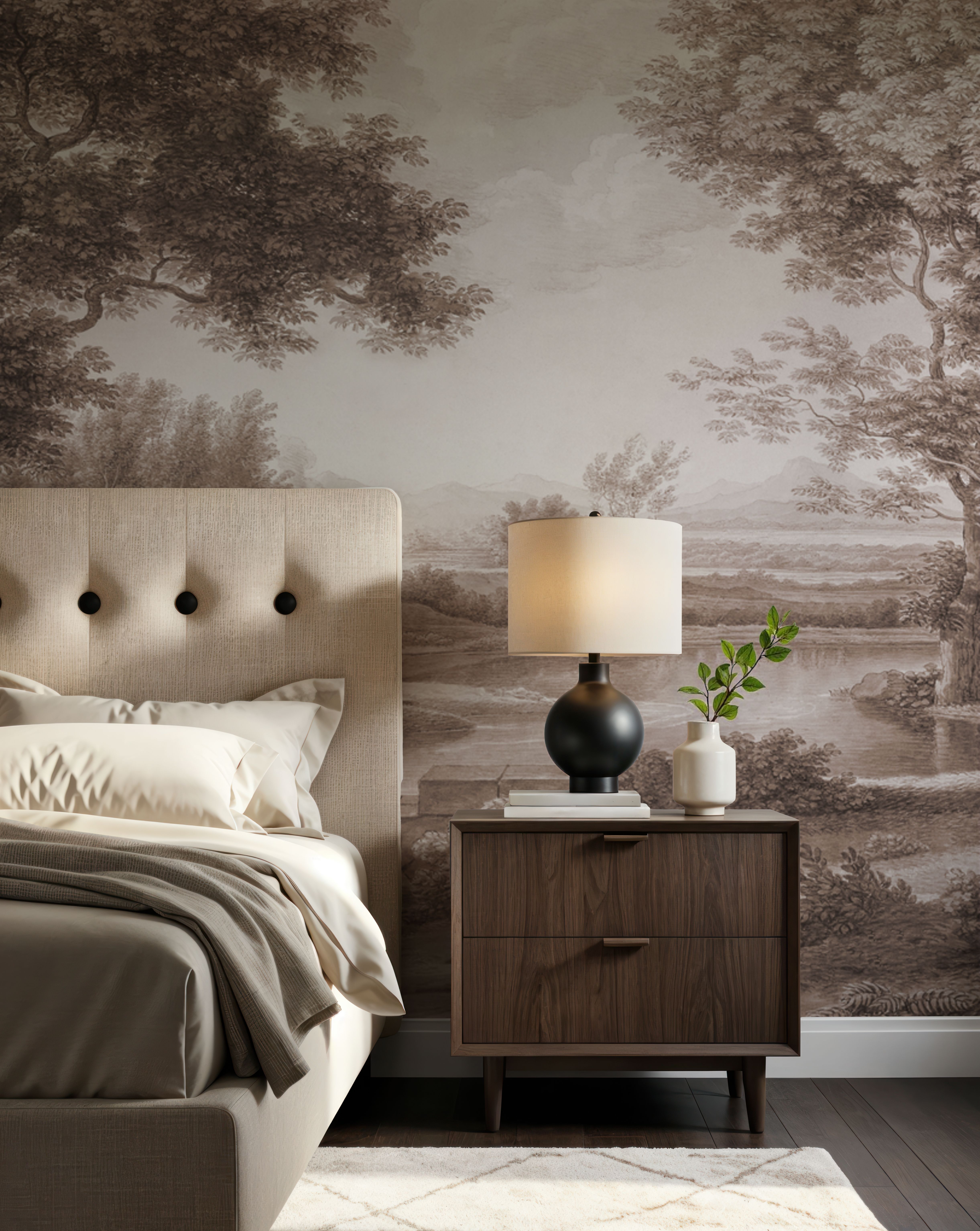 Riverbank Oak Landscape, Sepia