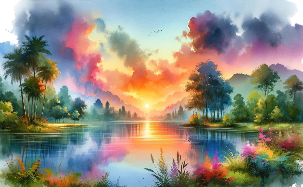 Vibrant Sunset Over Serene Lake