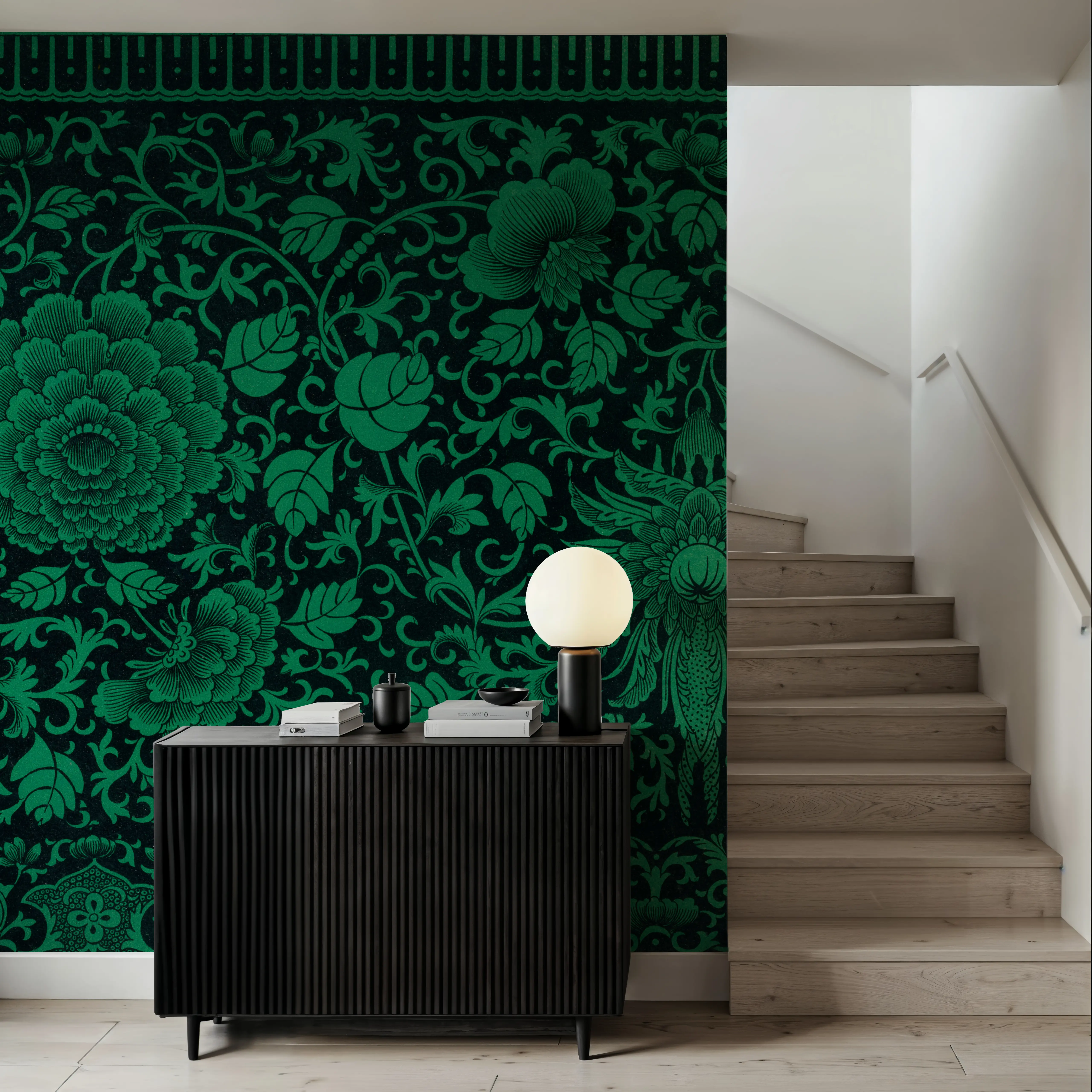 Wall Mural - Greenhouse - Chintz Damask mural wallpaper - Green - Offices - Wallism UK - Peel & Stick or Paste-the-Wall
