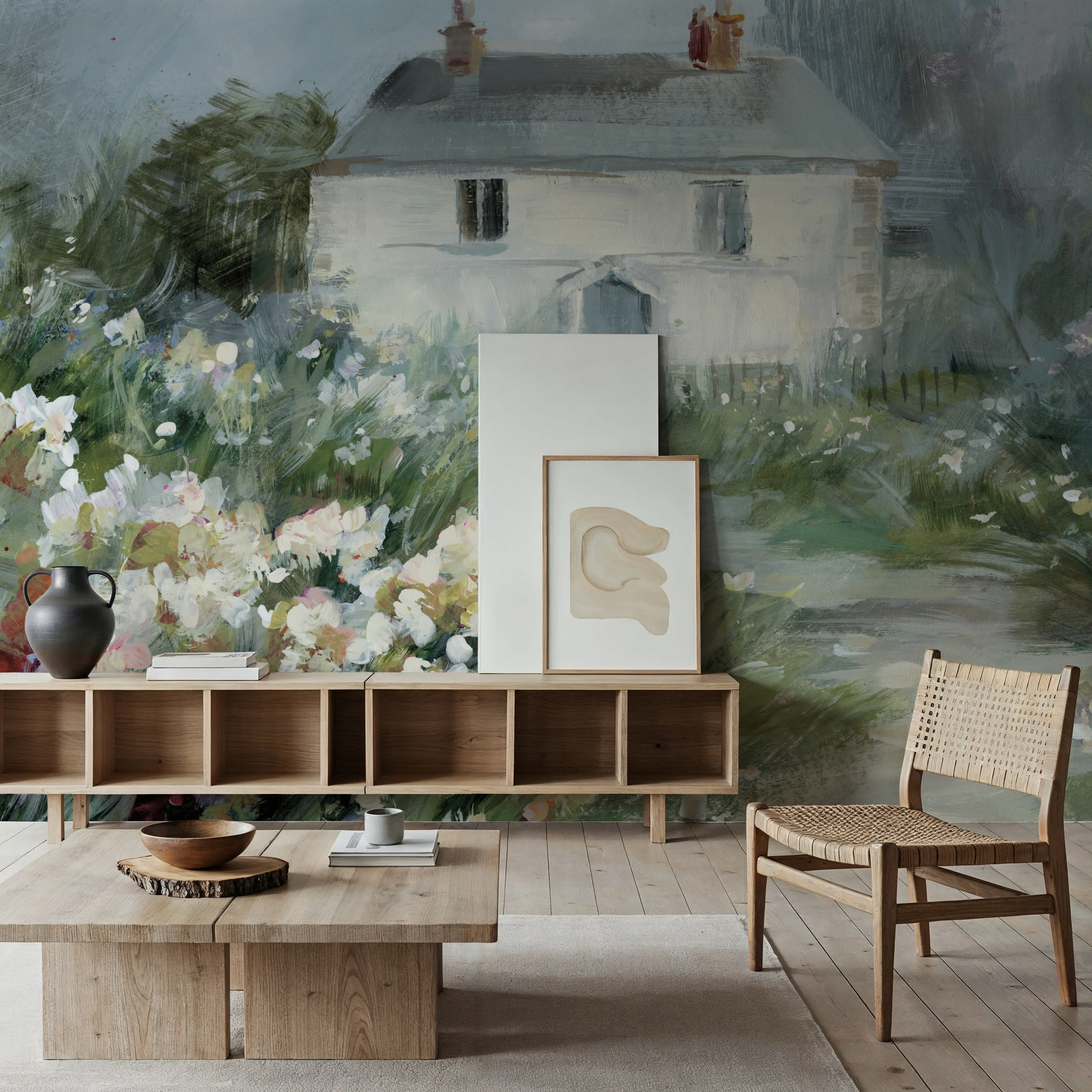 Papier Peint Panoramique - Garden View I - Floral Nature - Vert - Bureaux - Wallism Belgique - Encollage au mur ou Autocollant