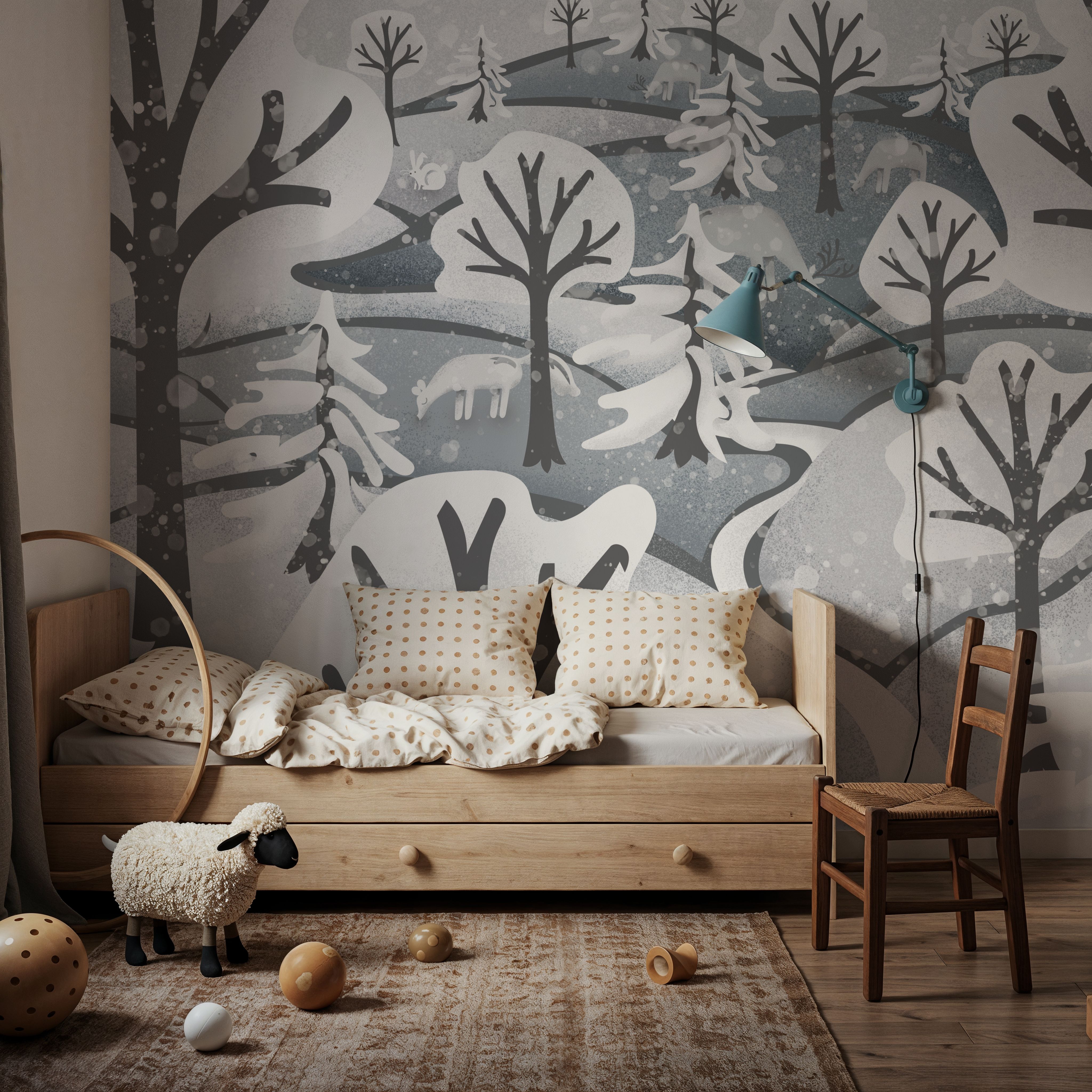 Wall Mural - Frozen Forest, Gray - Snow Animals mural wallpaper - Kids' Room - Wallism US - Premium, Textured or Peel & Stick