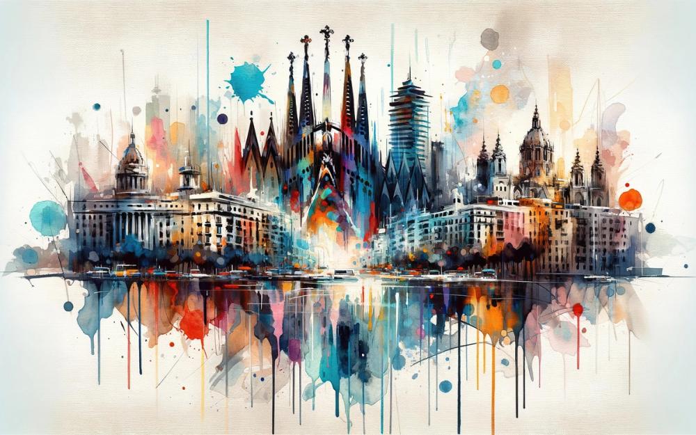 Watercolor Skyline Barcelona I