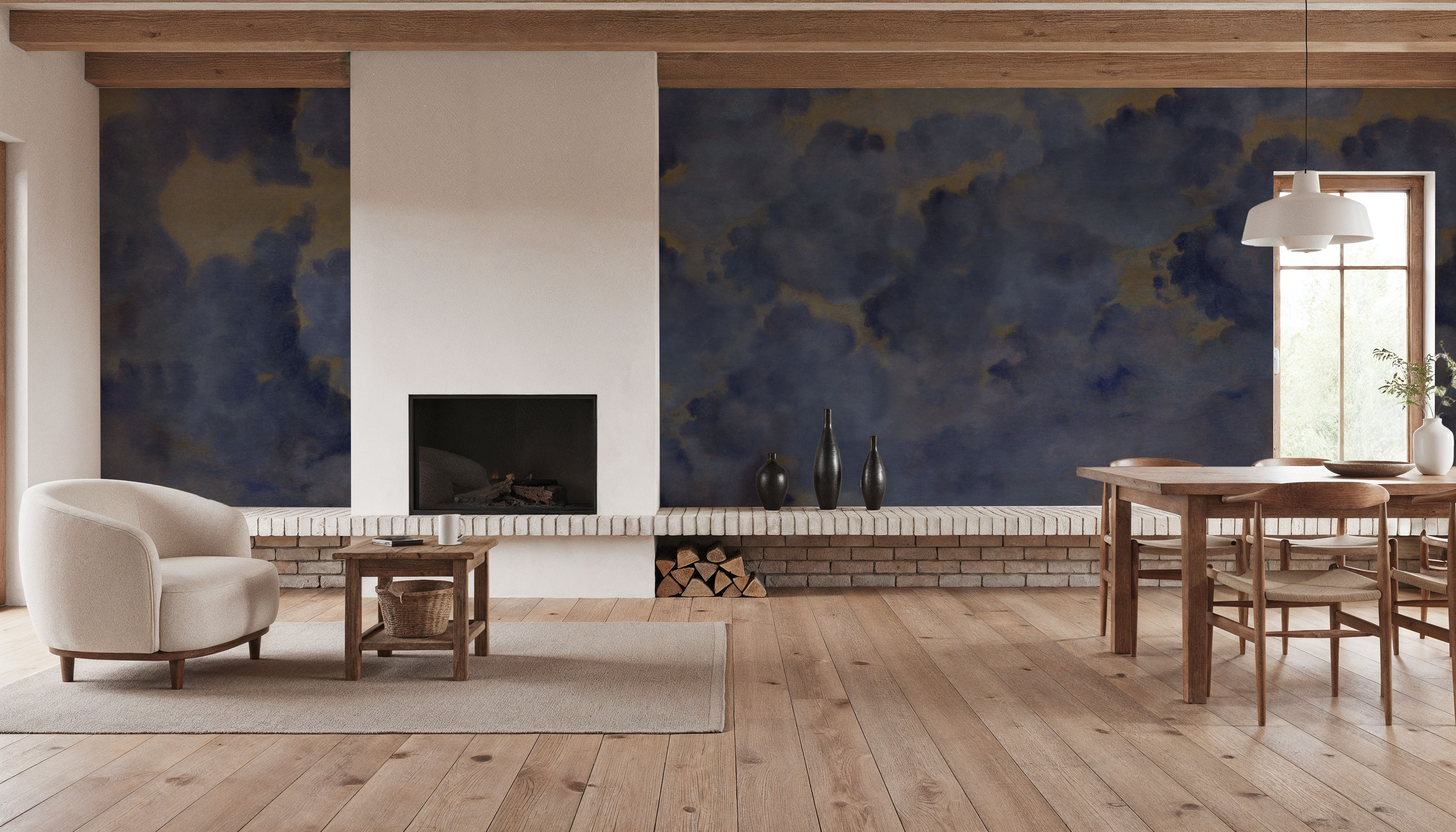 Painted Dreamy Clouds, Indigo, Wallpaper