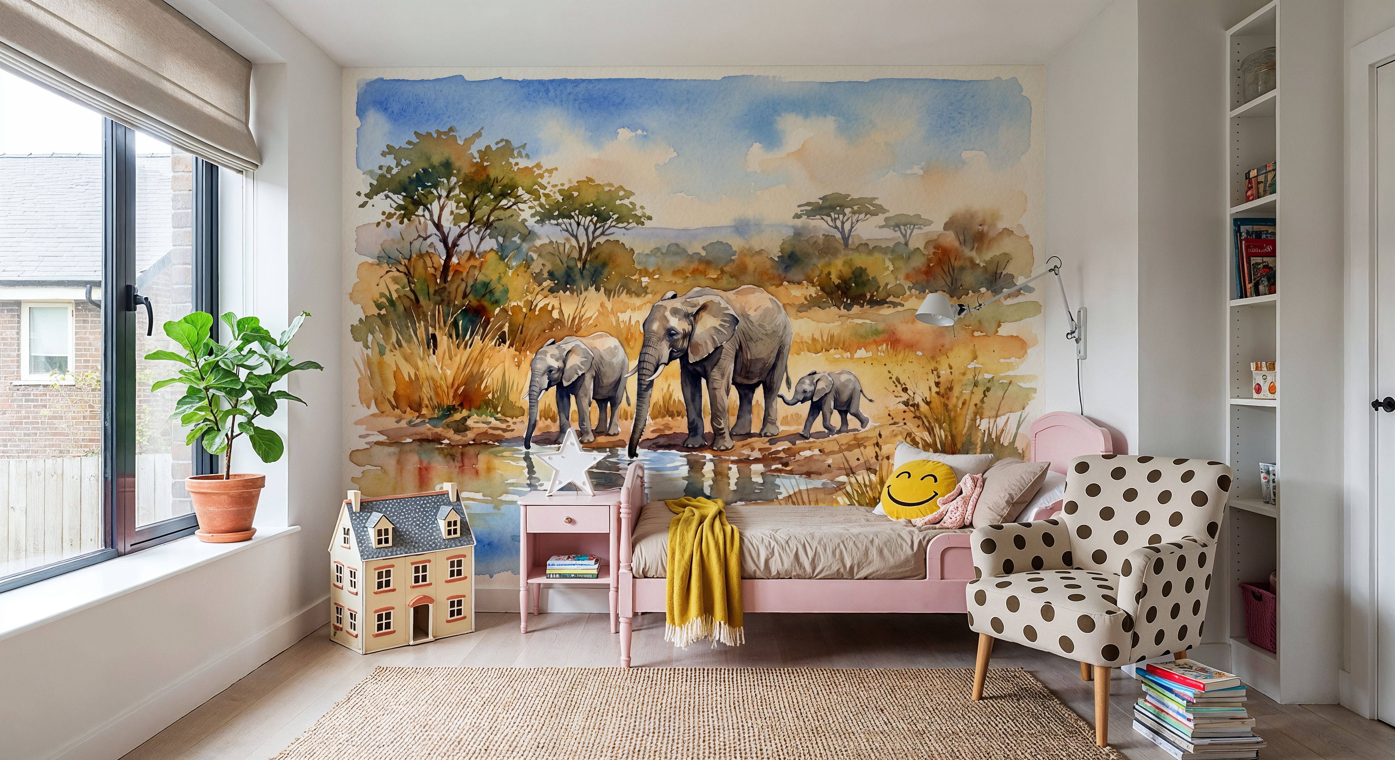Elephants by the Water Hole - Watercolor Landscapes Series, Wallpaper