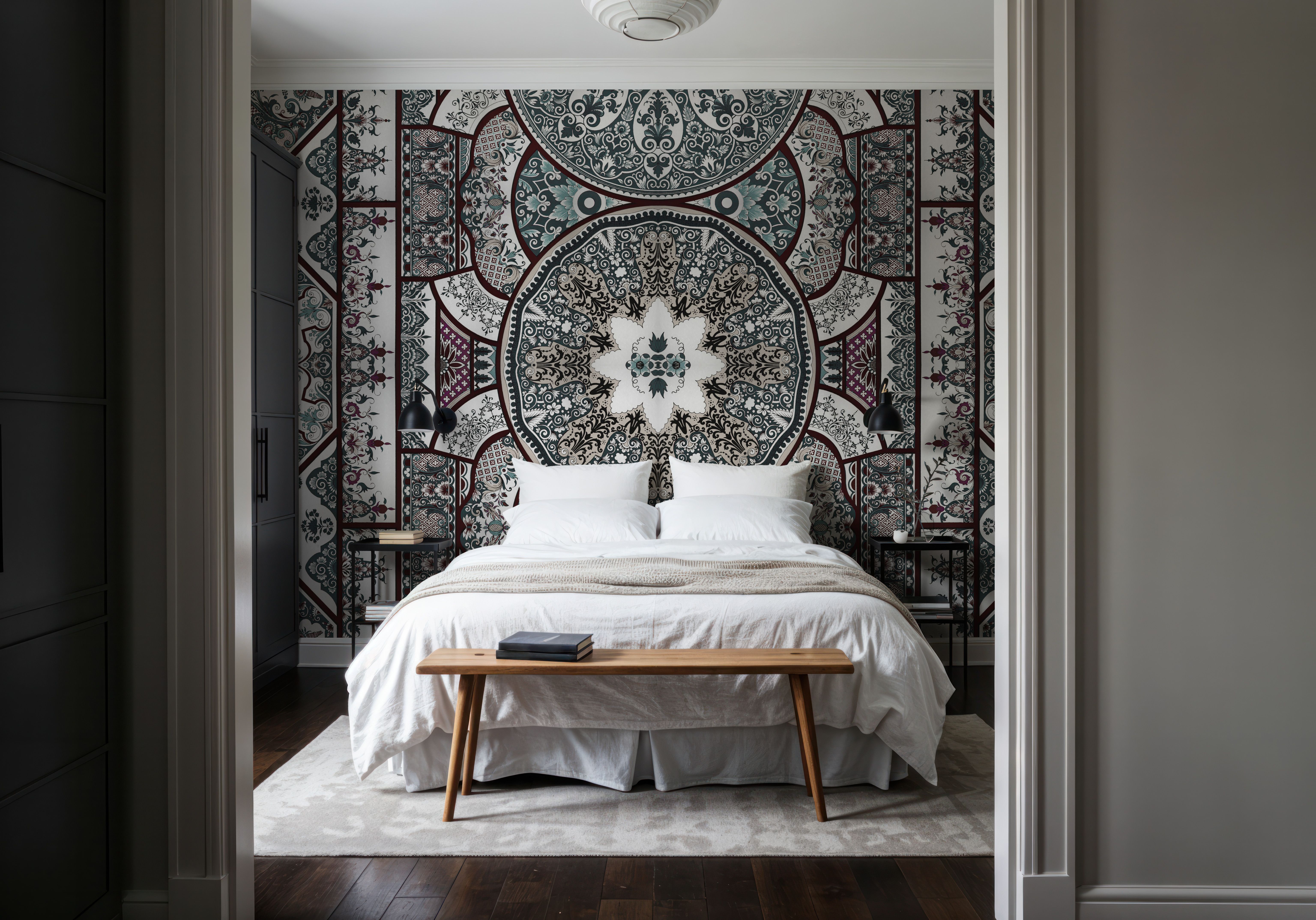 Eastern Tales, Teal & Beige, Wallpaper