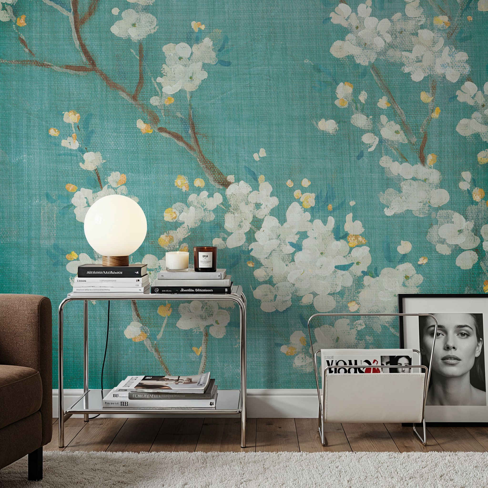 White Cherry Blossoms II on Blue Aged No Bird