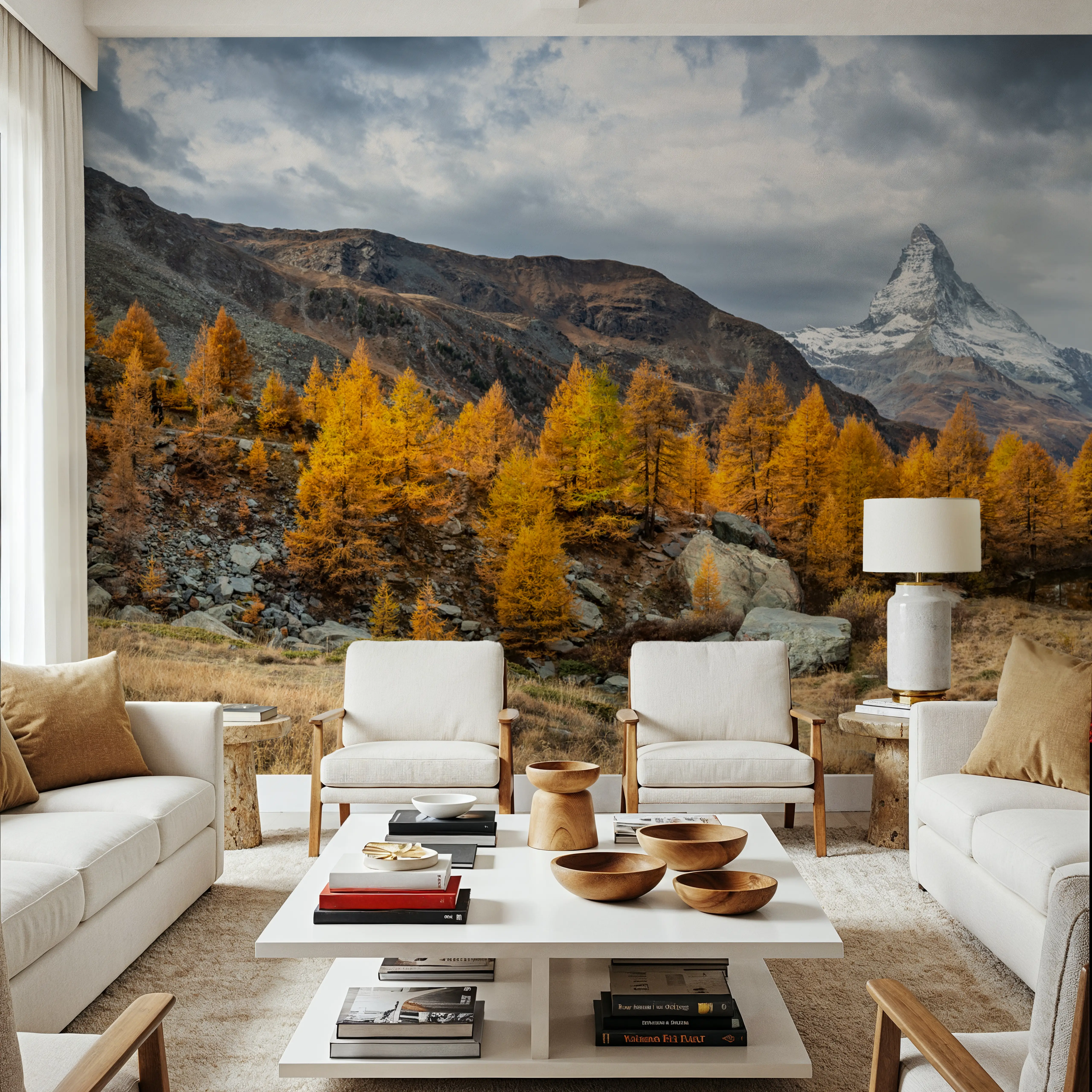 Fotobehang - Matterhorn Fall - Bladeren Bergen Mural - Roze - Gangtrappen - Wallism Nederland - Zelfklevend of Vliesbehang