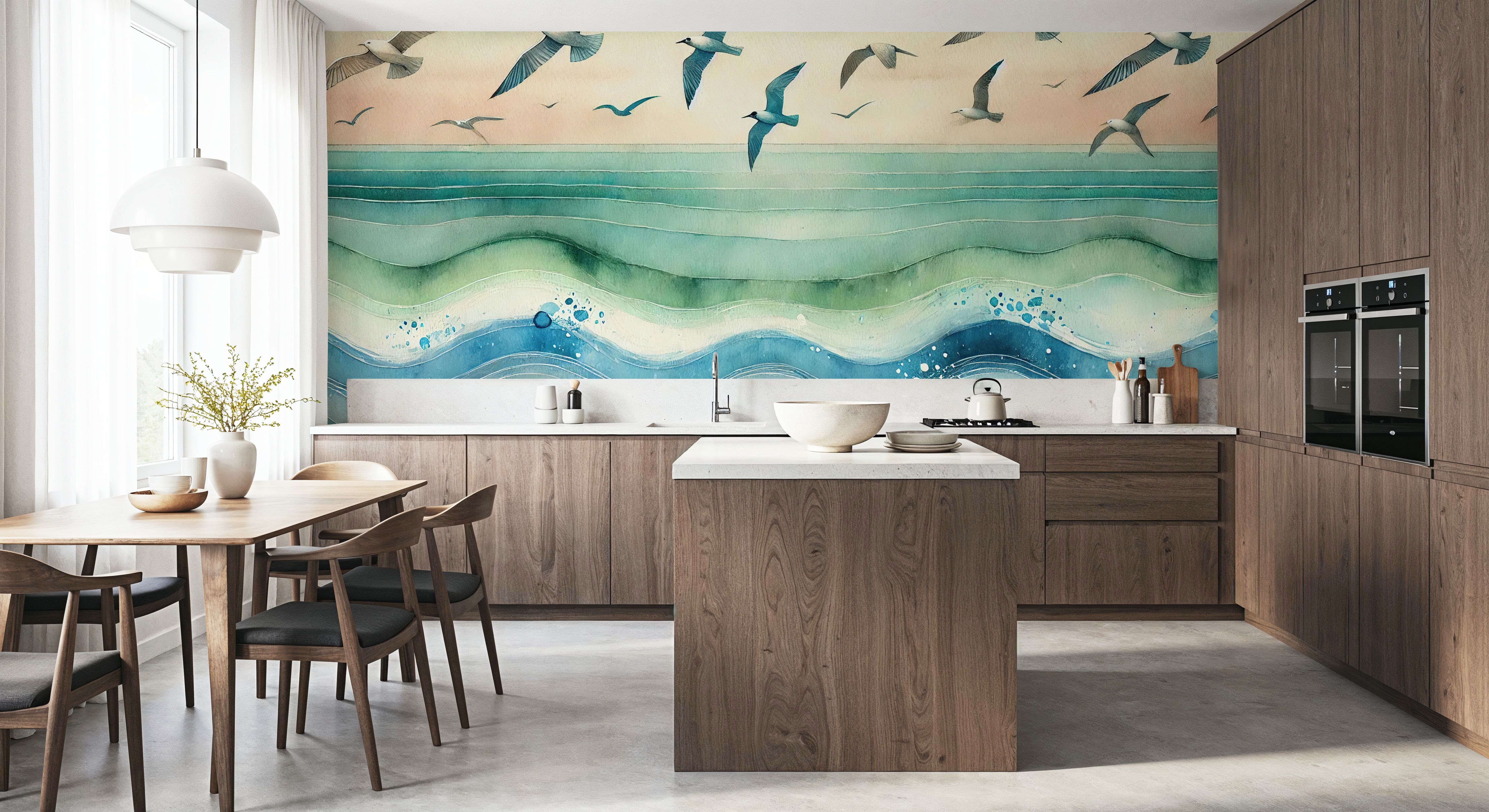 Seagulls Soar Above Waves in Art Deco