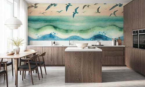 Seagulls Soar Above Waves in Art Deco