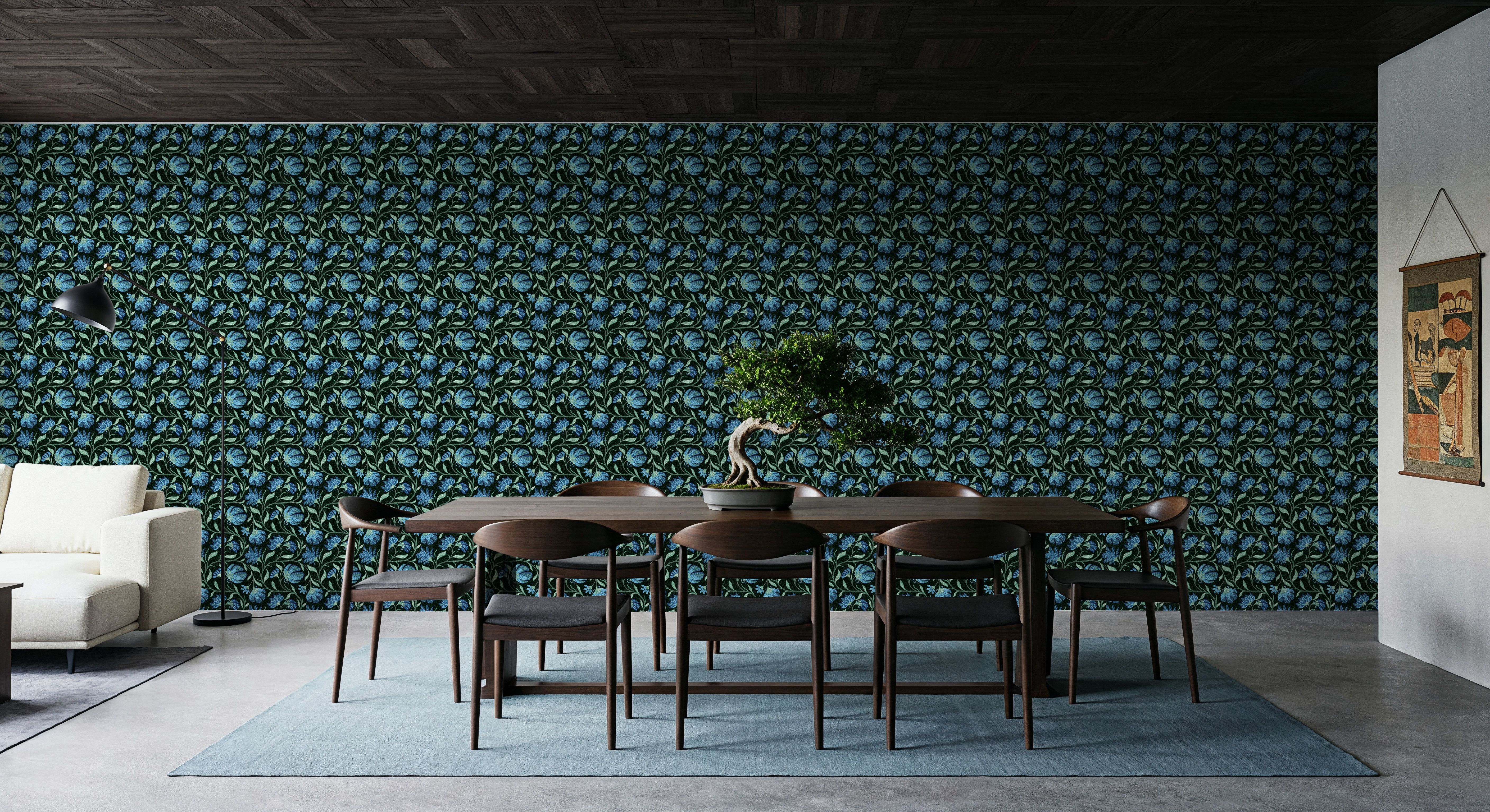 Indial Floral, Teal on Midnight