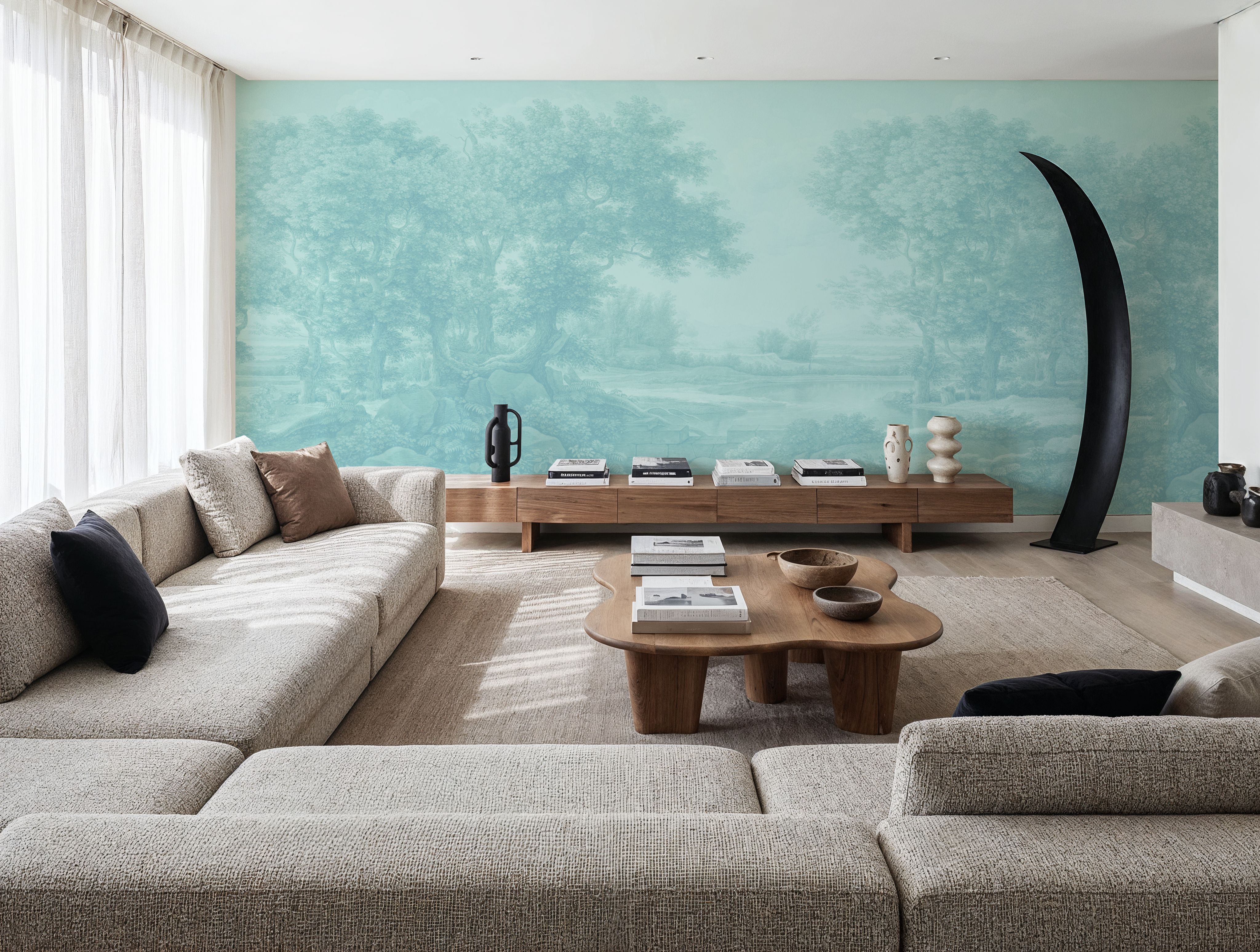 Riverbank Oak Landscape, Seafoam, Papier peint