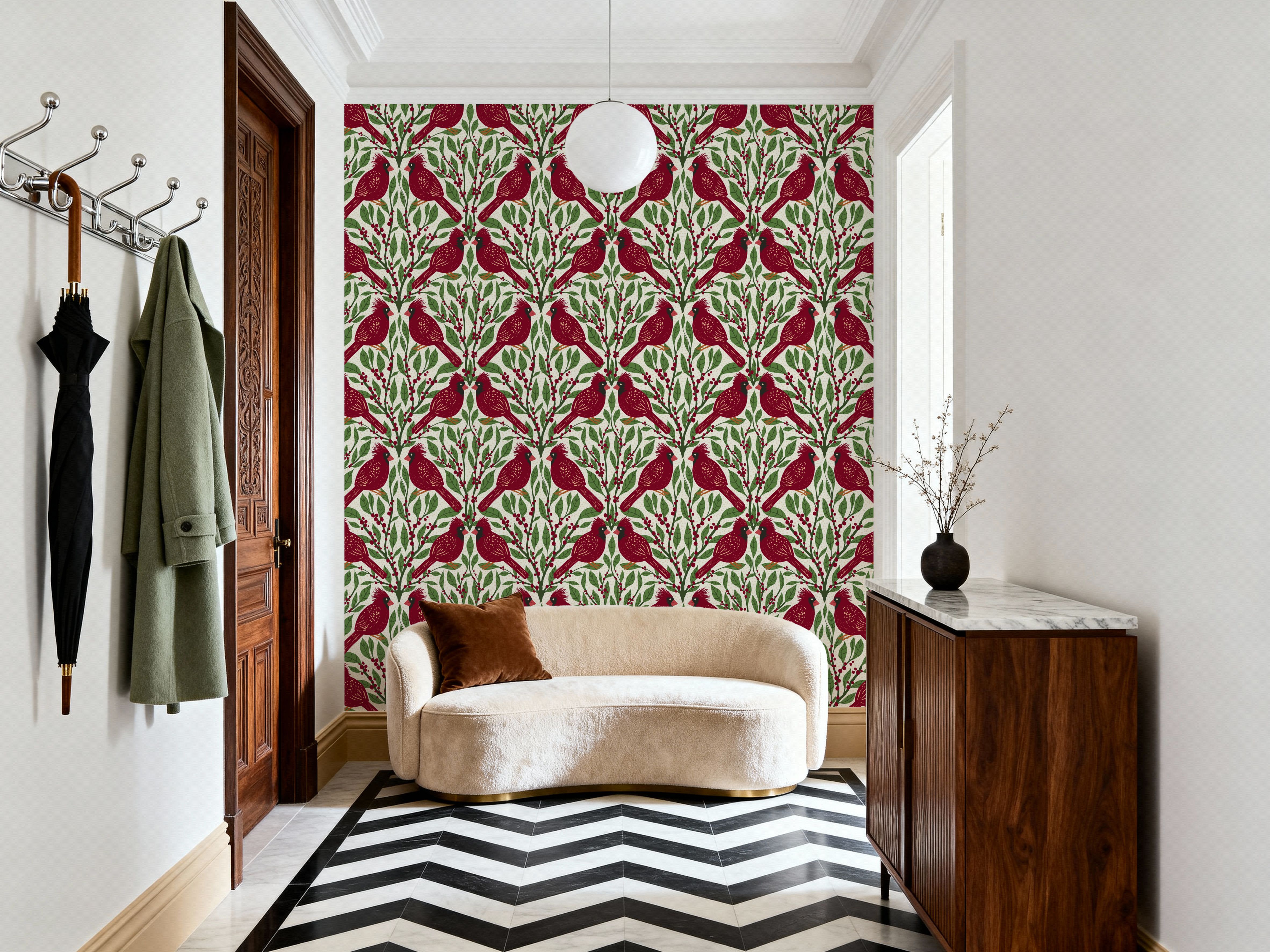 Cardinals & Winterberries, Green