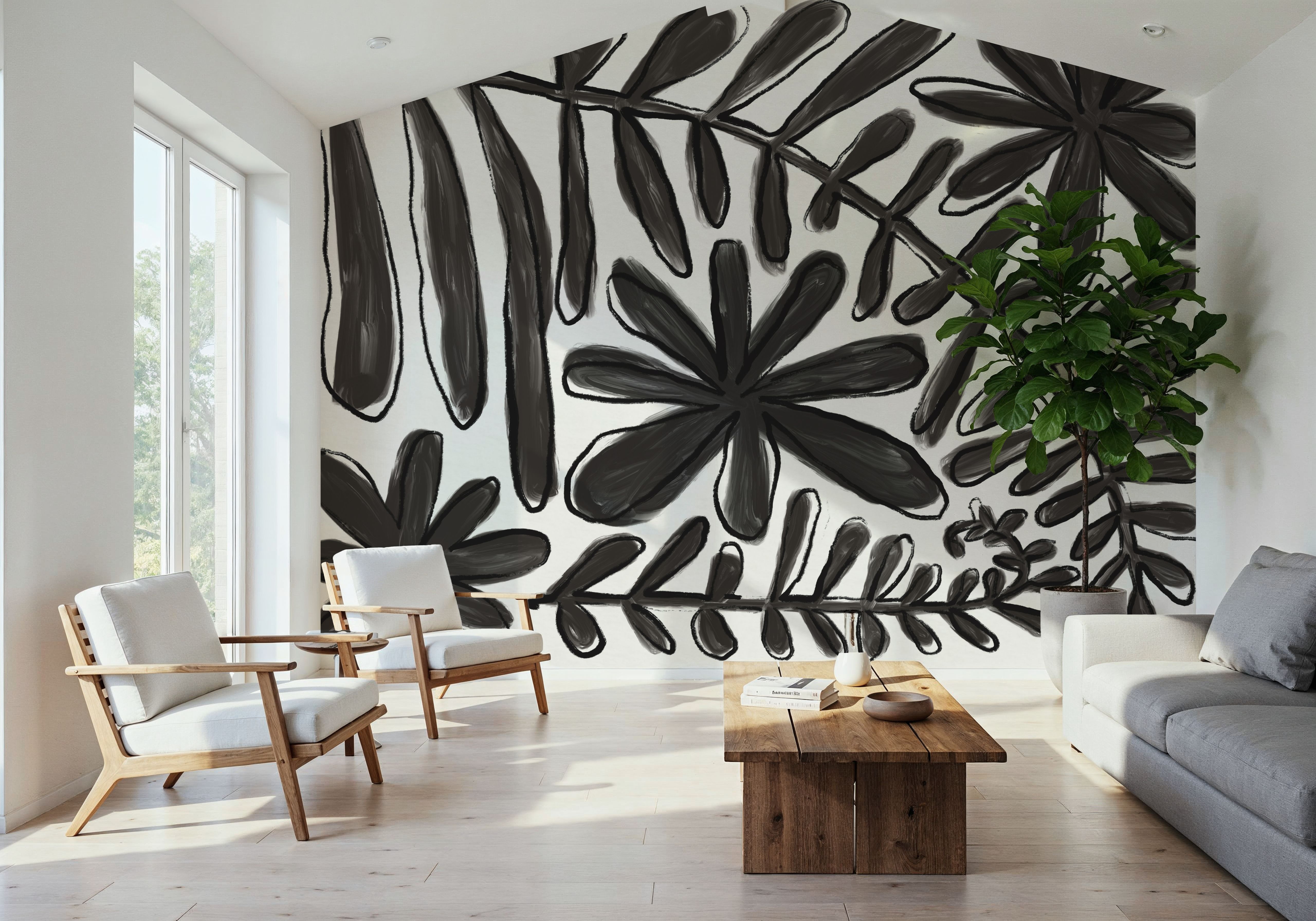 Fern and Flower Lines Black, Wallpaper