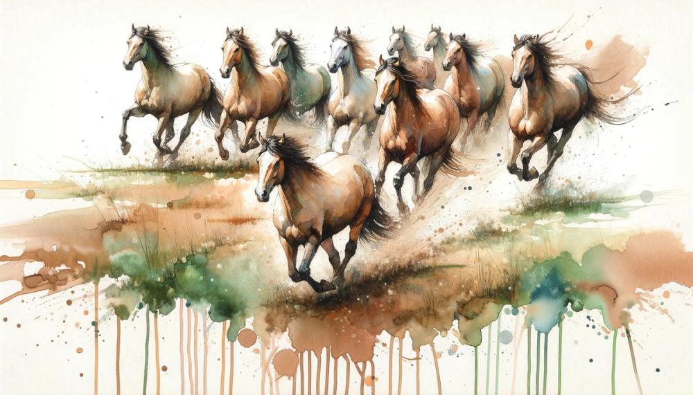 Horses Galloping Field Watercolor