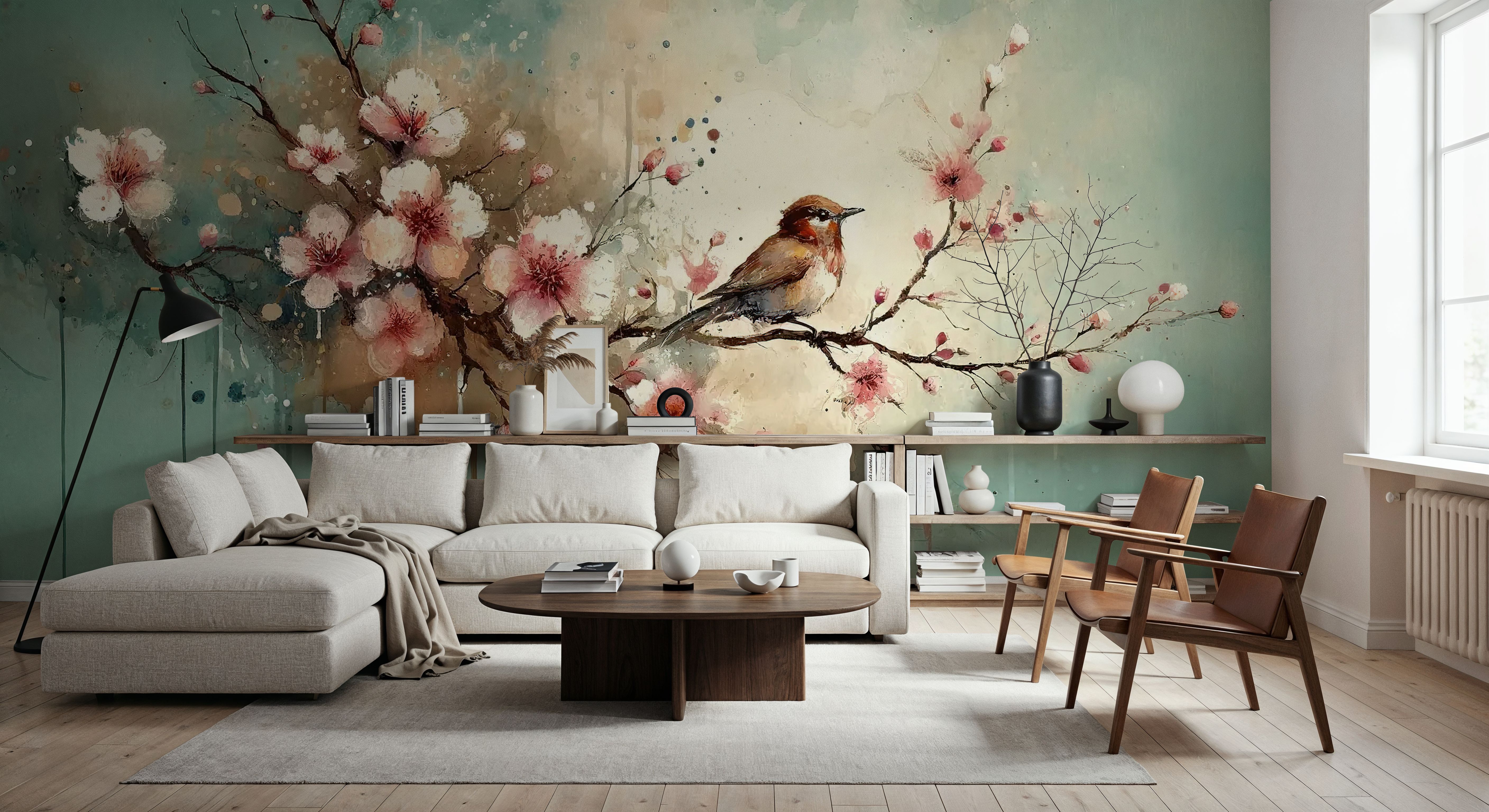 Cherry Blossoms Whispers on Teal Breeze