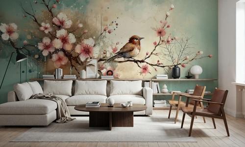 Cherry Blossoms Whispers on Teal Breeze