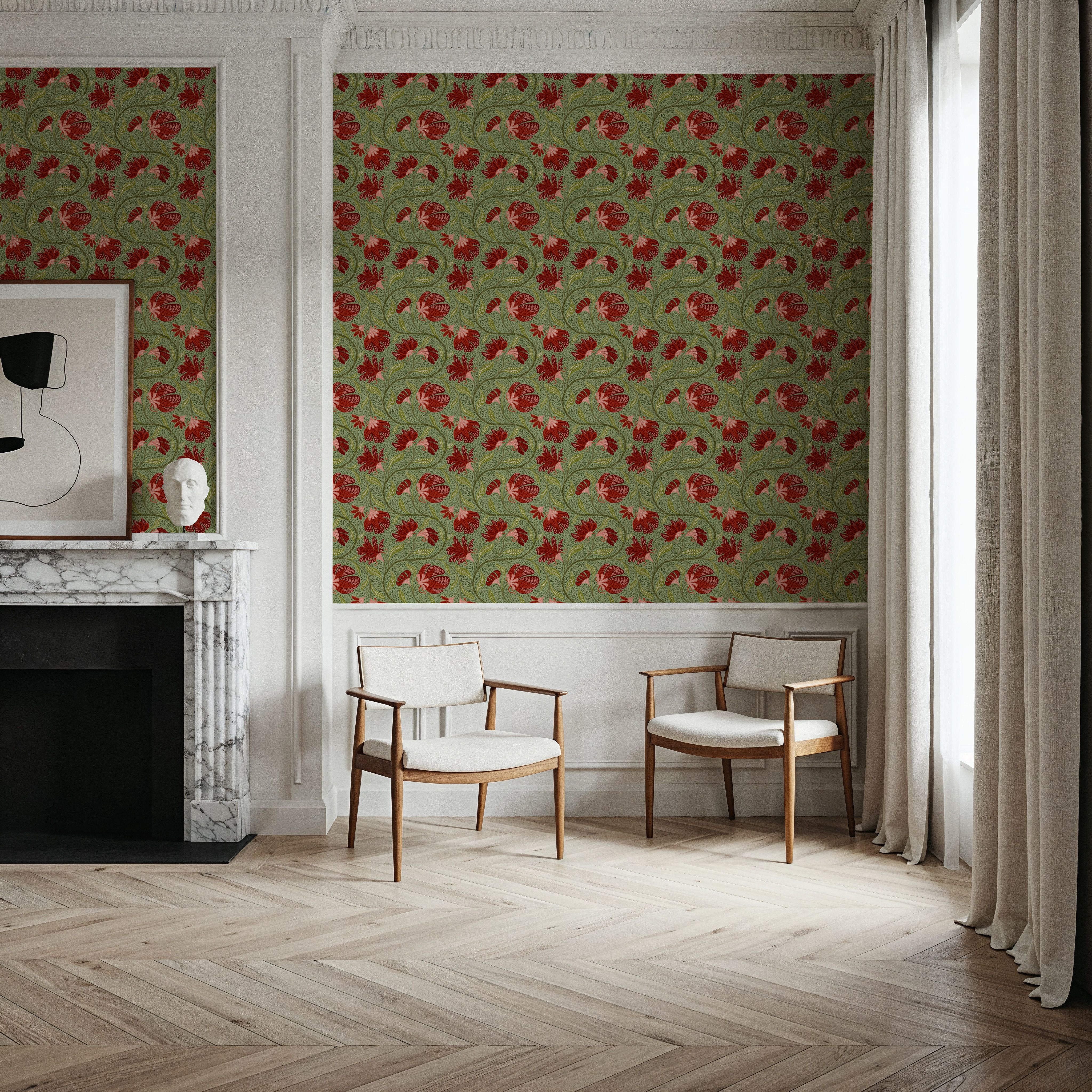 Indial Floral, Vermilion on Pistachio