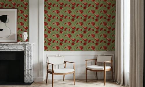 Indial Floral, Vermilion on Pistachio