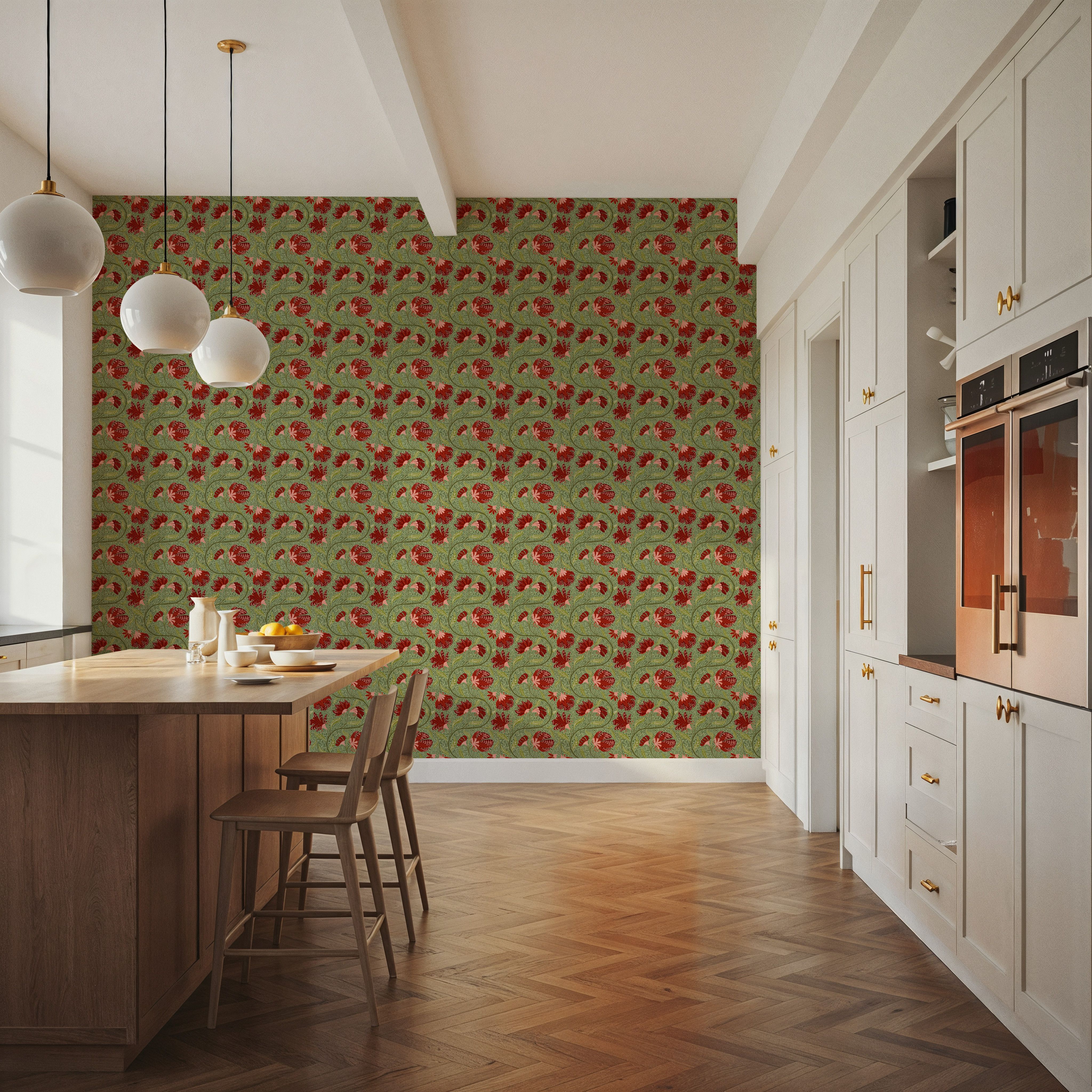 Indial Floral, Vermilion on Pistachio