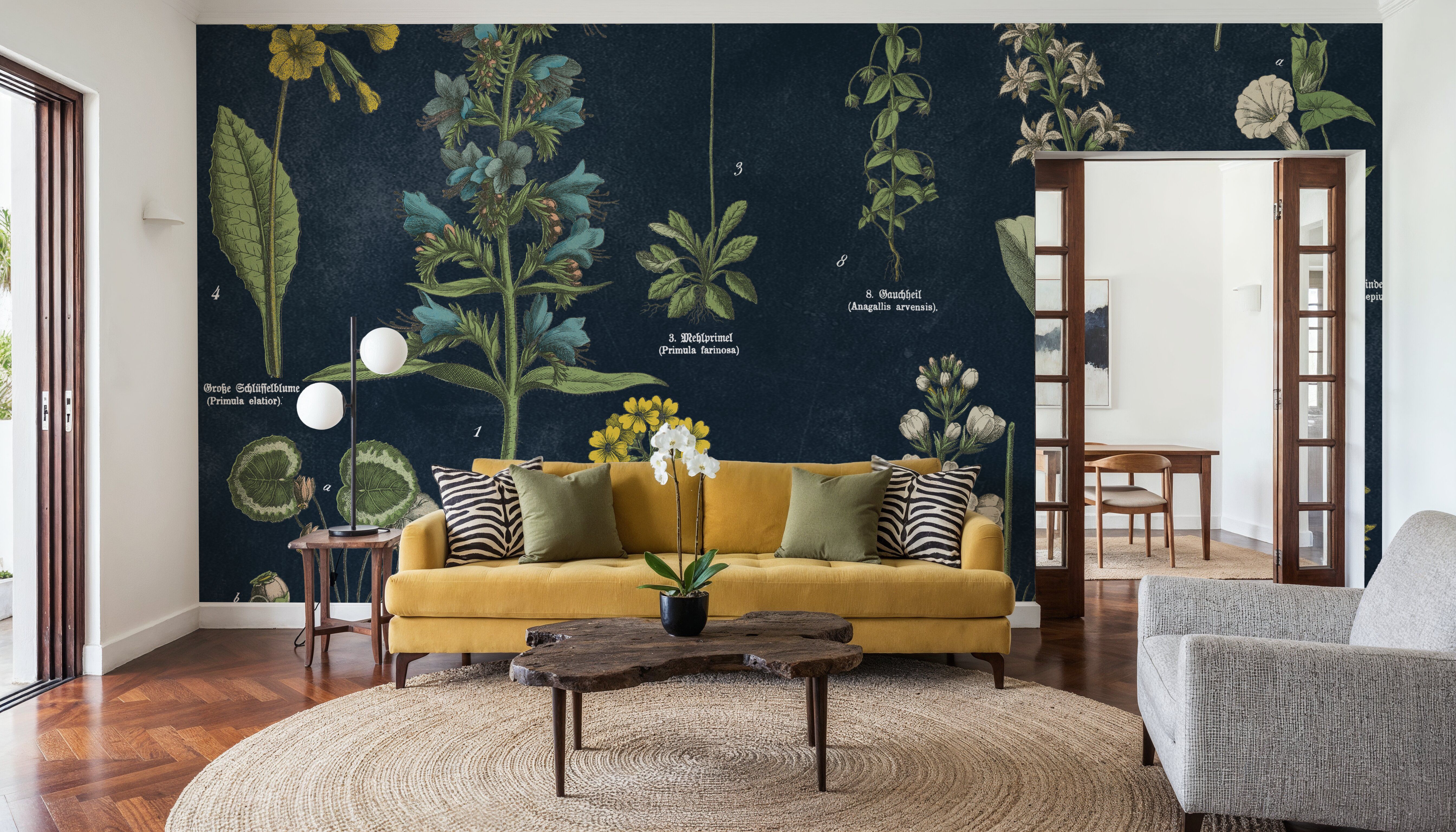 Botanical Floral Chart I Dark Blue, Wallpaper