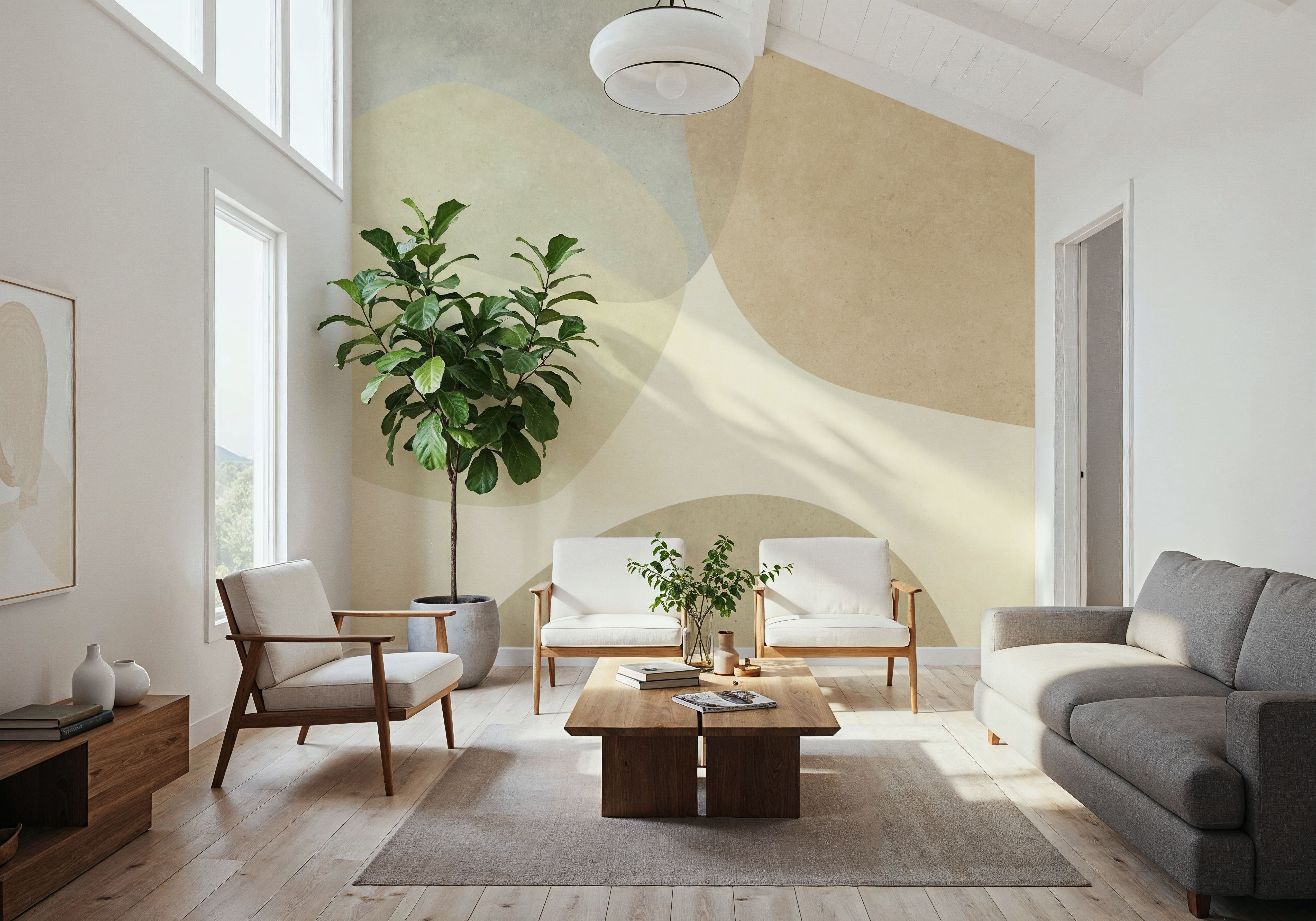 Embracing Shapes, Beige, Wallpaper