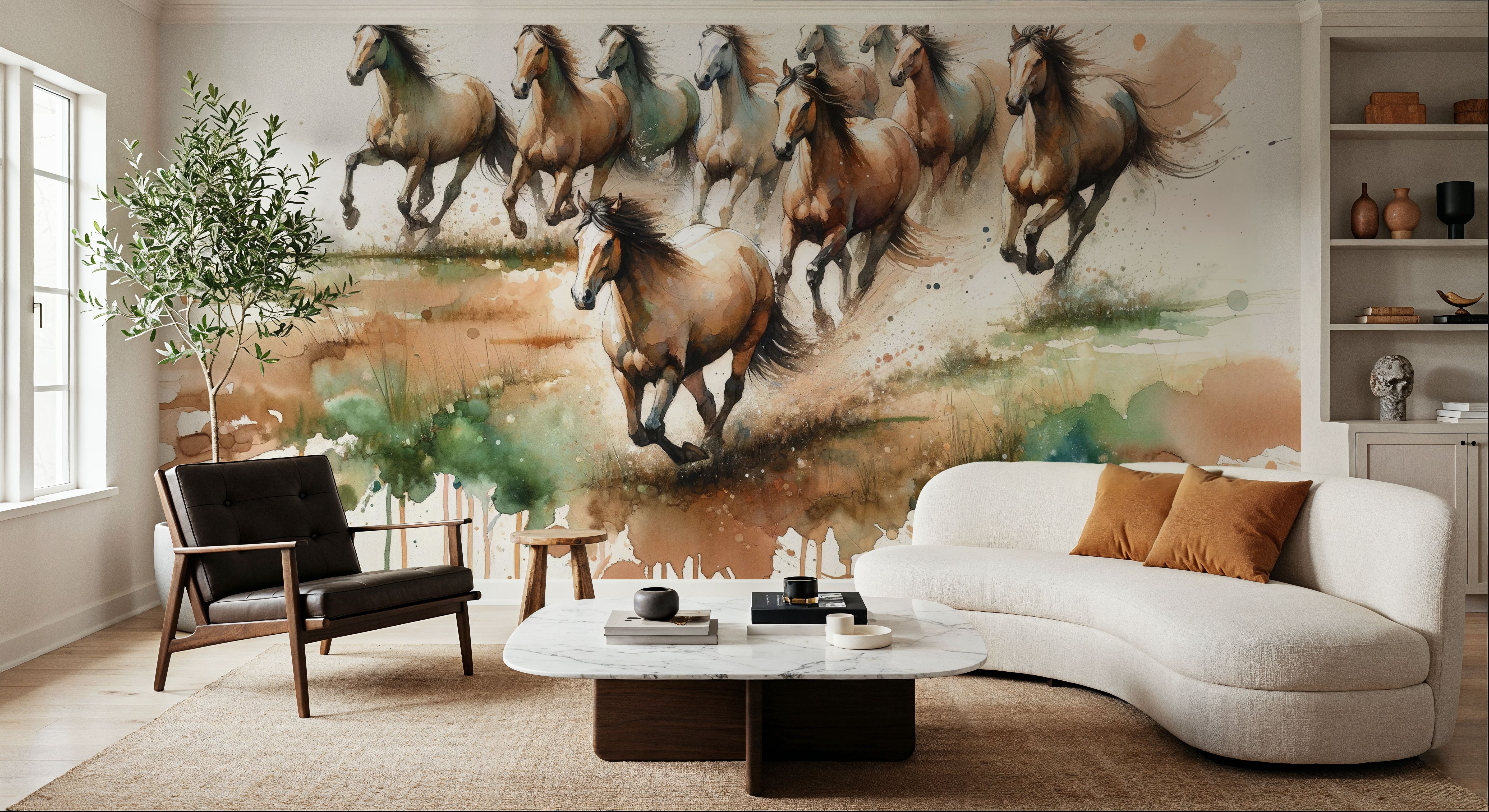 Horses Galloping Field Watercolor, Tapeten