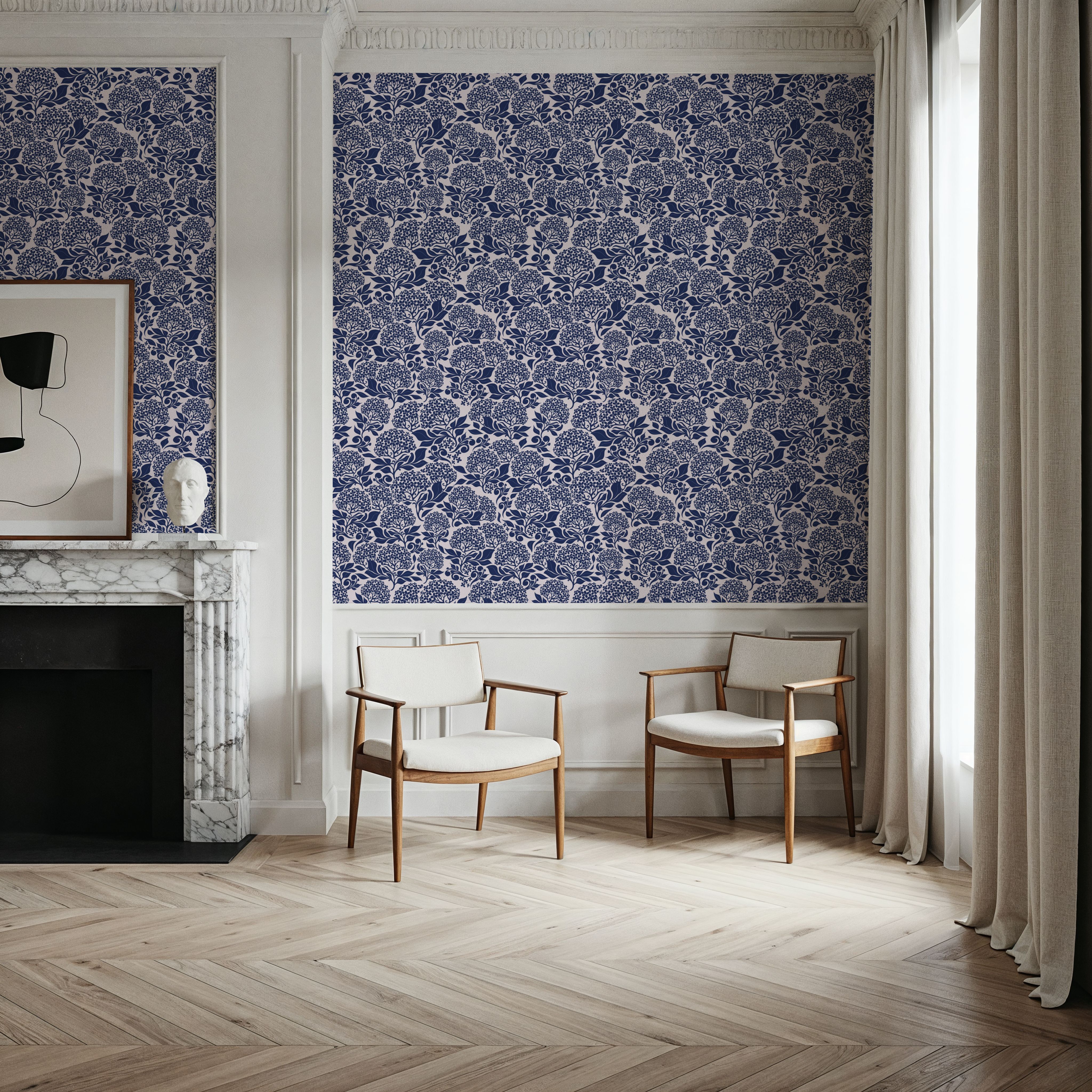 Hydrangea, Navy on Cream