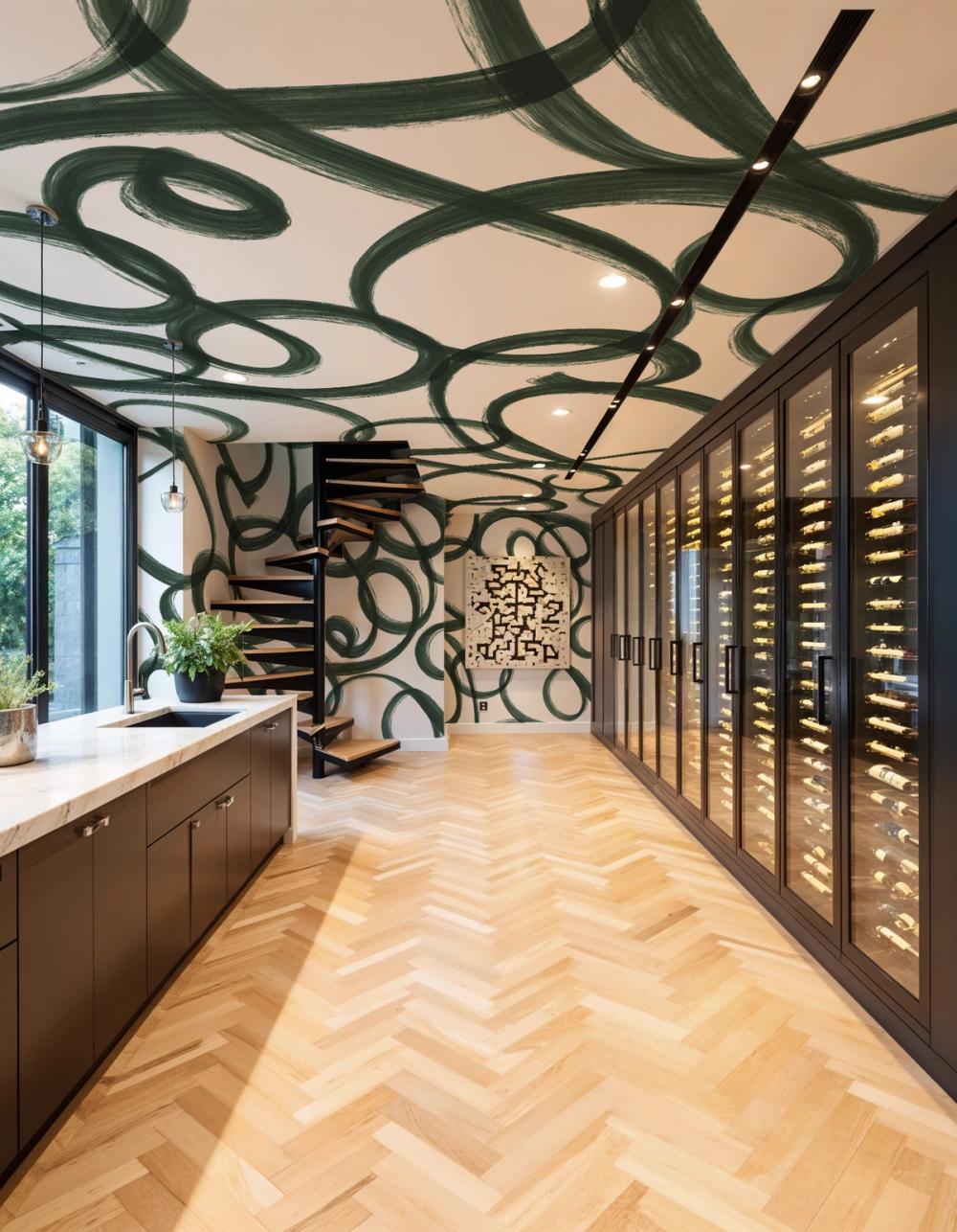a photo of a spacious room with abstract wallpaper in the ceiling