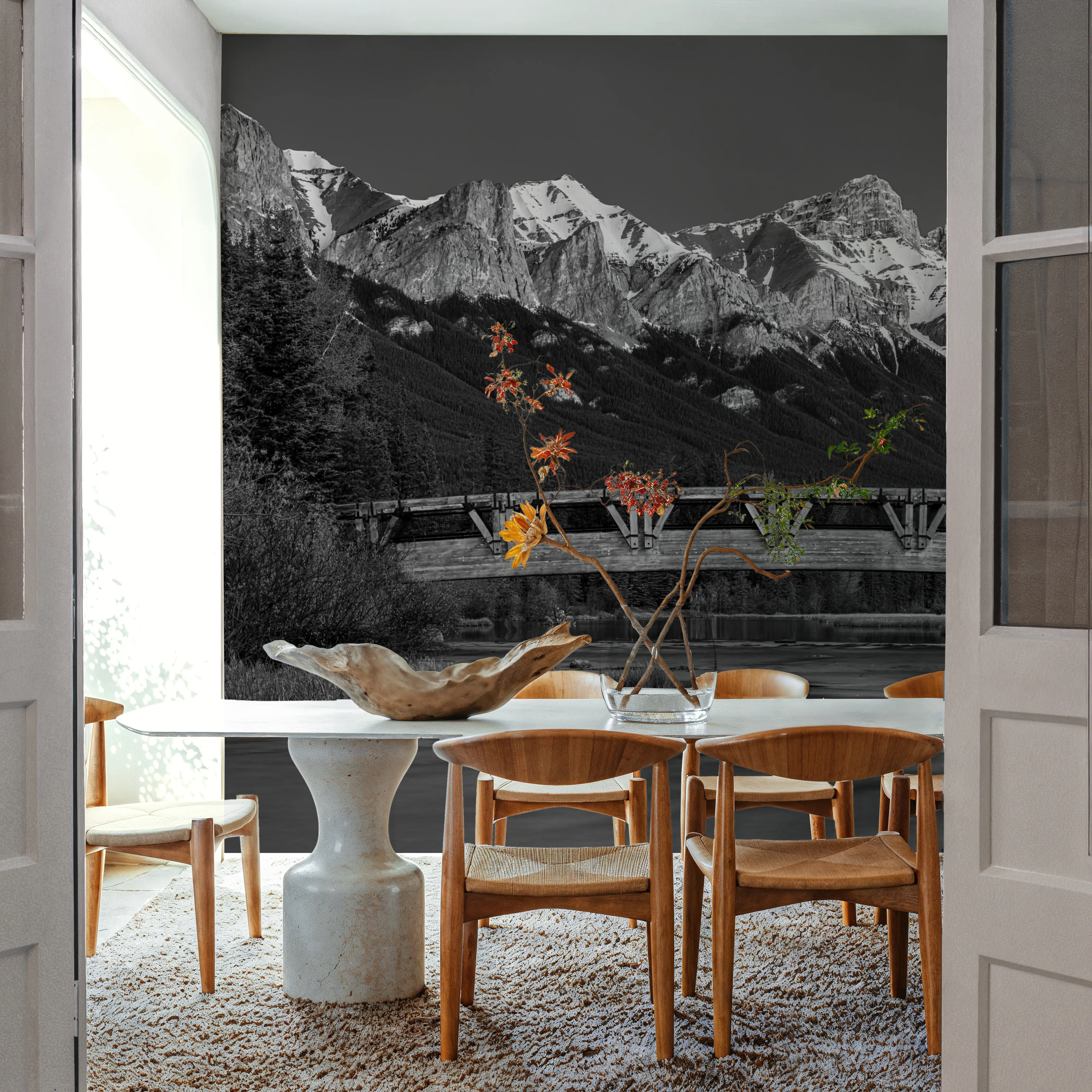 Papier Peint Panoramique - Mount Rundle BW - Montagnes Paysages - Gris - Salle à manger - Wallism Belgique - Encollage au mur ou Autocollant