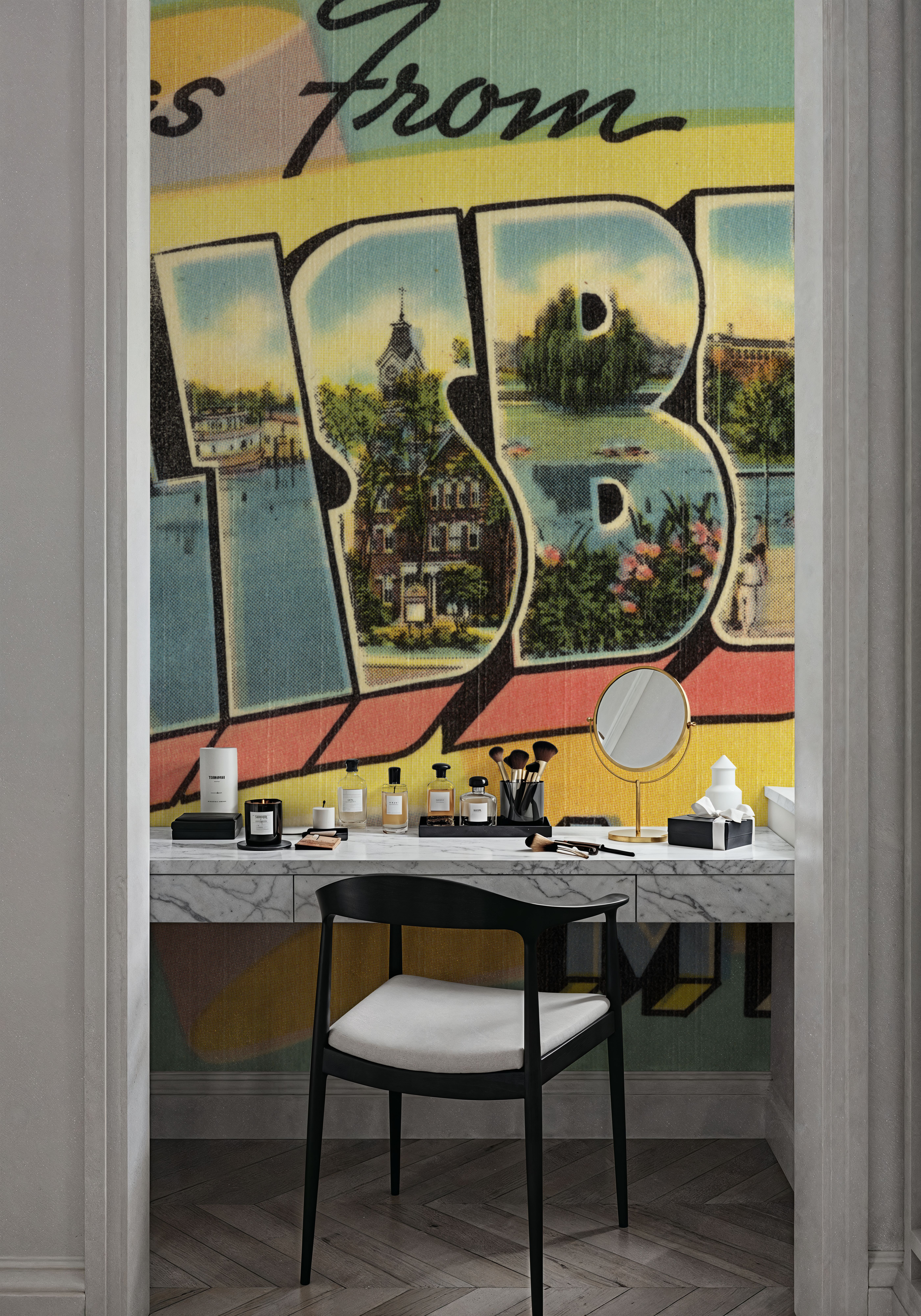 Wall Mural - Greetings from Salisbury - Screenprint Postcard - Cities Travel & Landmarks mural wallpaper - Yellow - Bedroom - Wallism UK