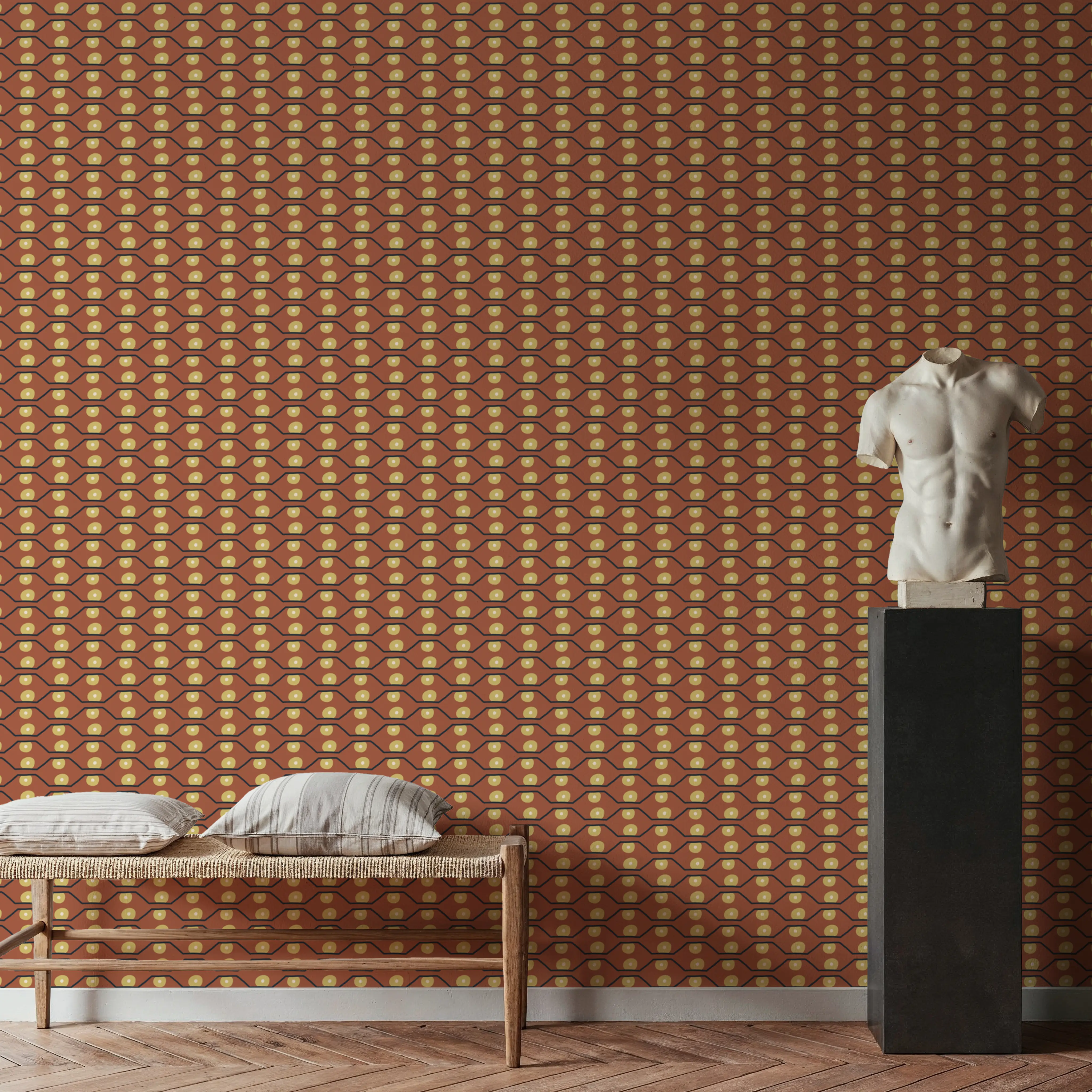 Wallpaper - Honeycomb Dots - Polka Dots Lines - Orange - Bedroom - Wallism UK - Peel & Stick or Paste-the-Wall