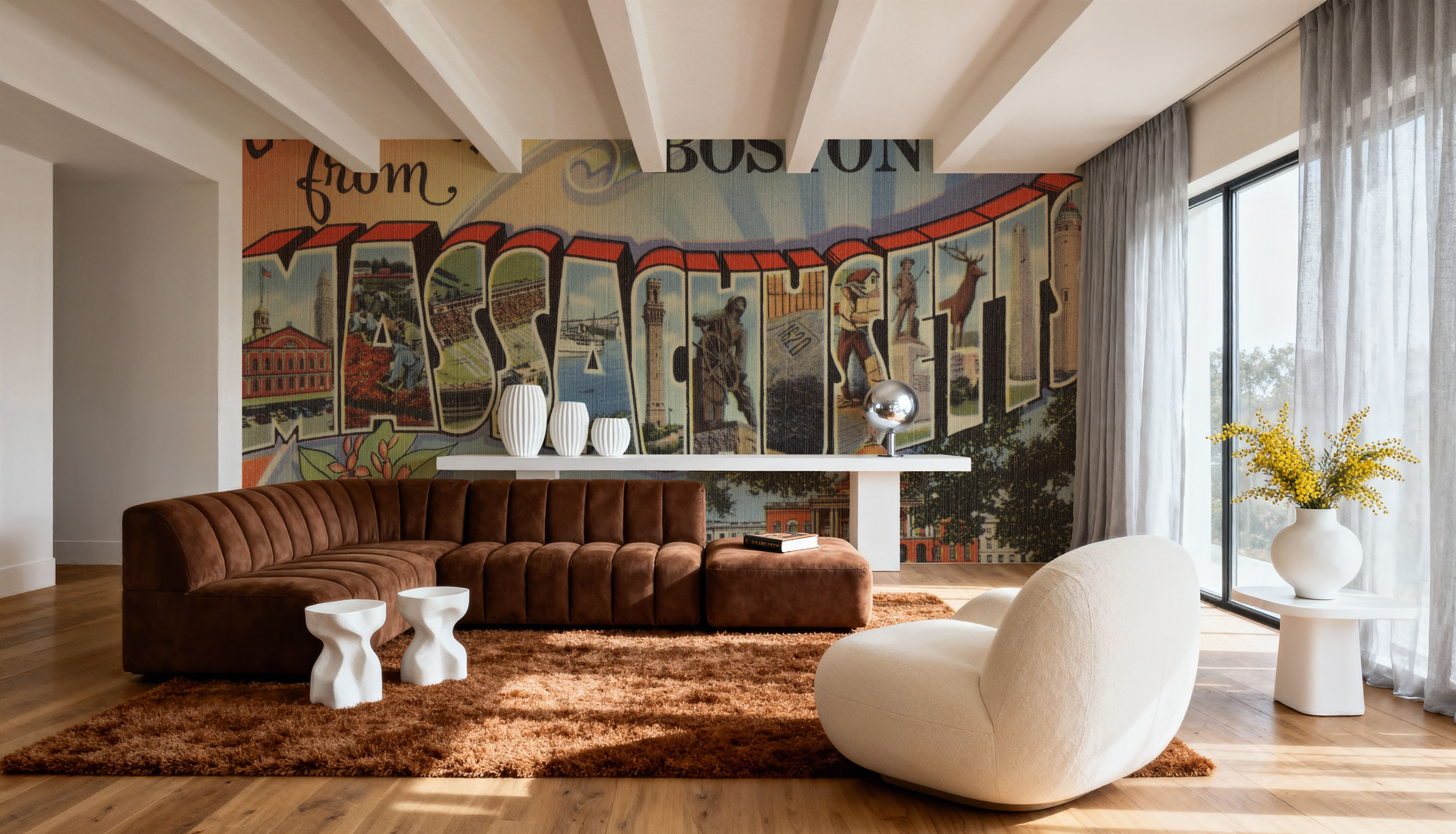 Greetings from Massachusetts - Screenprint Postcard, Wallpaper