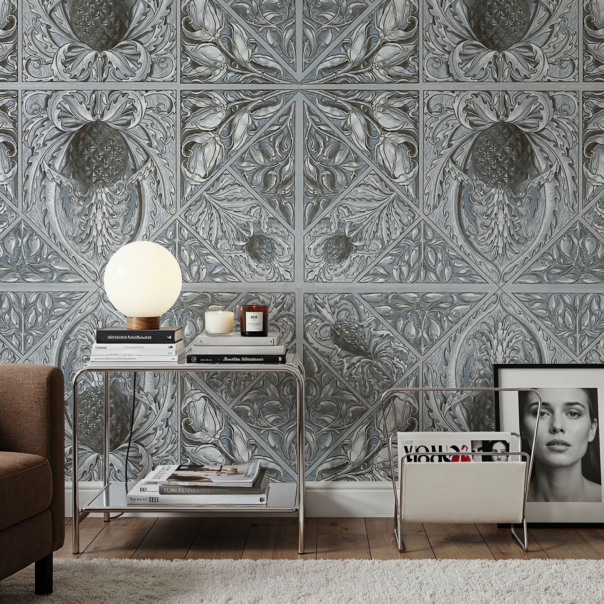 Wall Mural - Pineapple Deco - Arts & Crafts 3D mural wallpaper - Blue - Dining Room - Wallism US - Premium, Textured or Peel & Stick