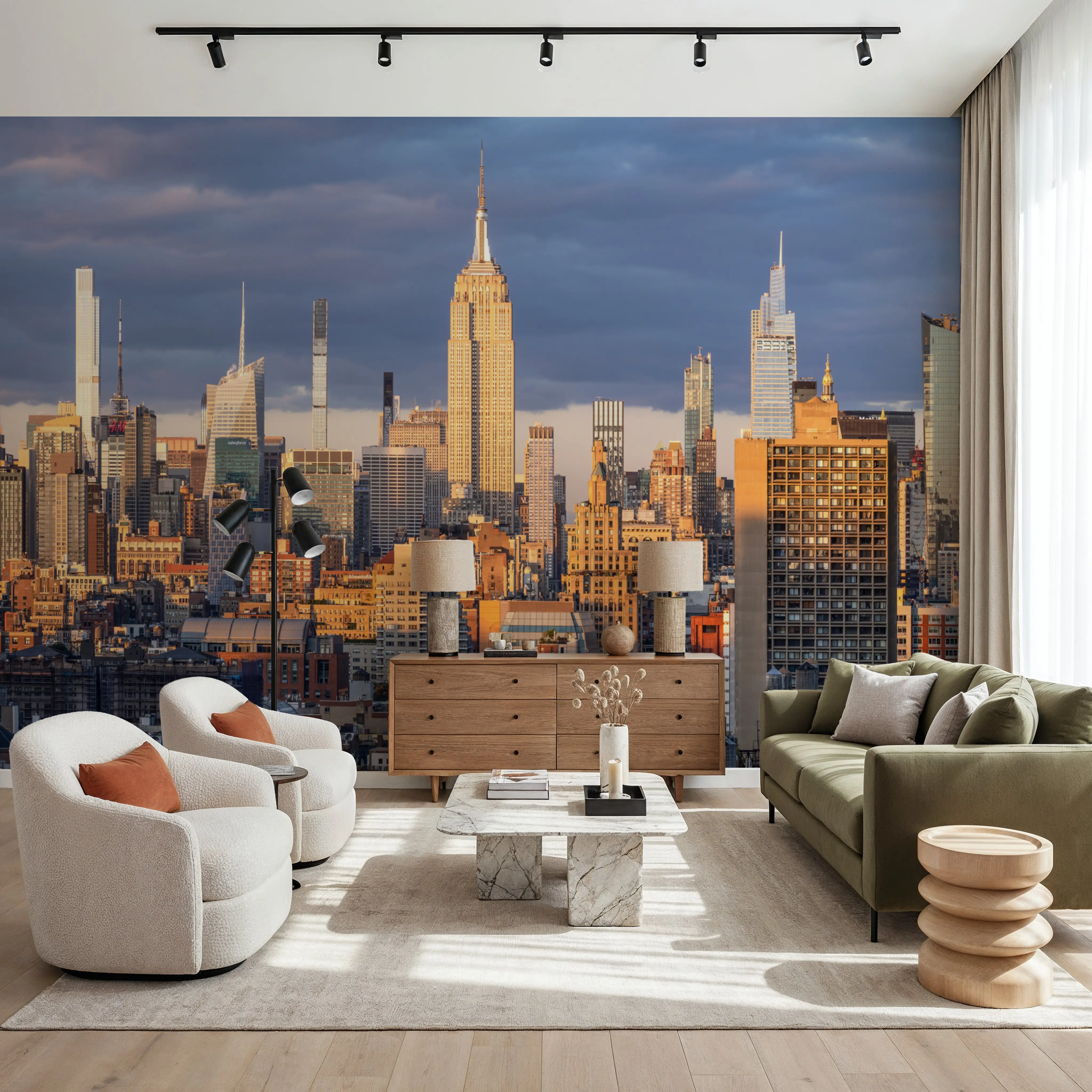 Fotobehang - Midtown Sunsets Pt. II - Grote Steden Mural - Bruin - Woonkamer - Wallism België - Zelfklevend of Vliesbehang