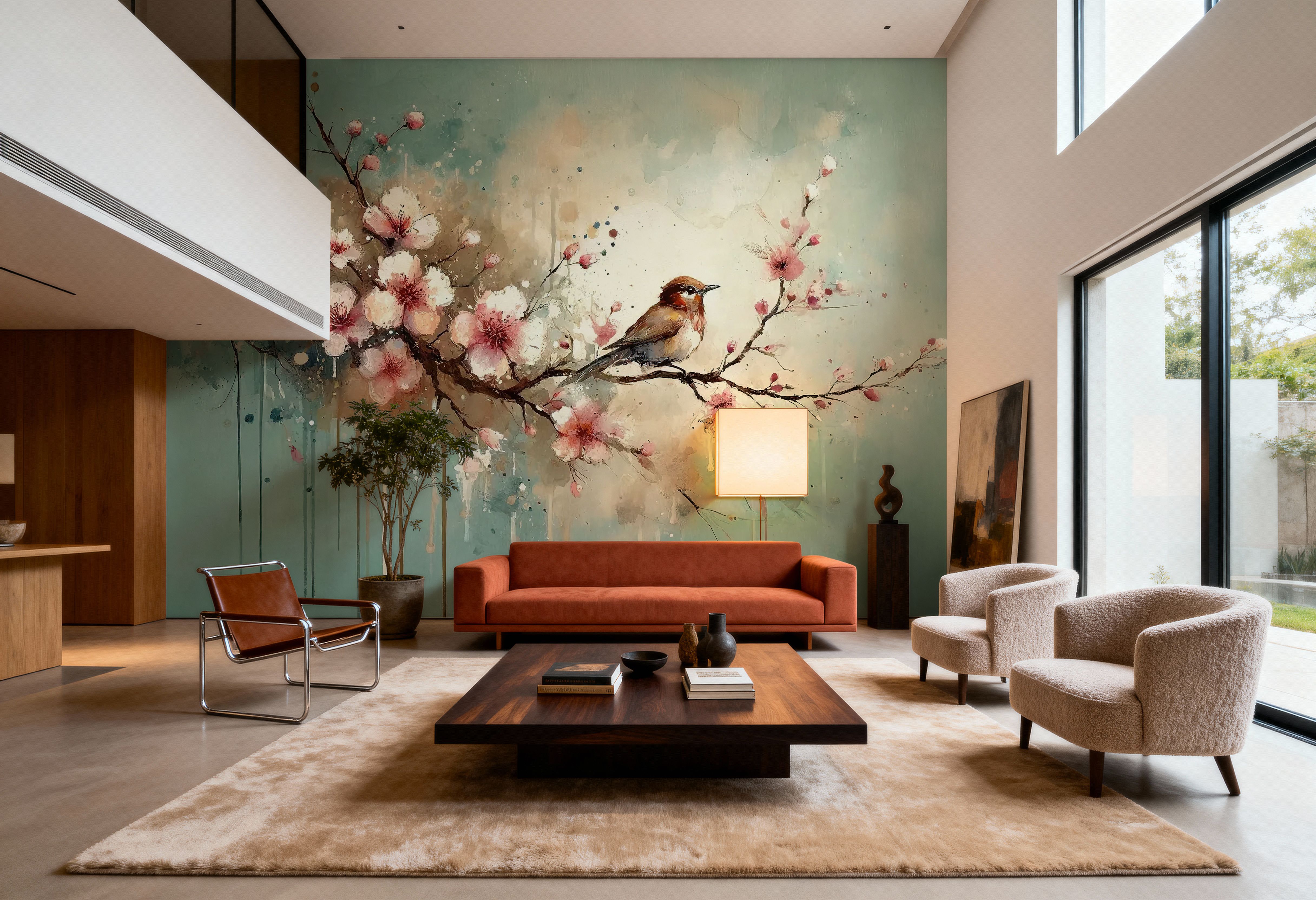 Cherry Blossoms Whispers on Teal Breeze, Wallpaper