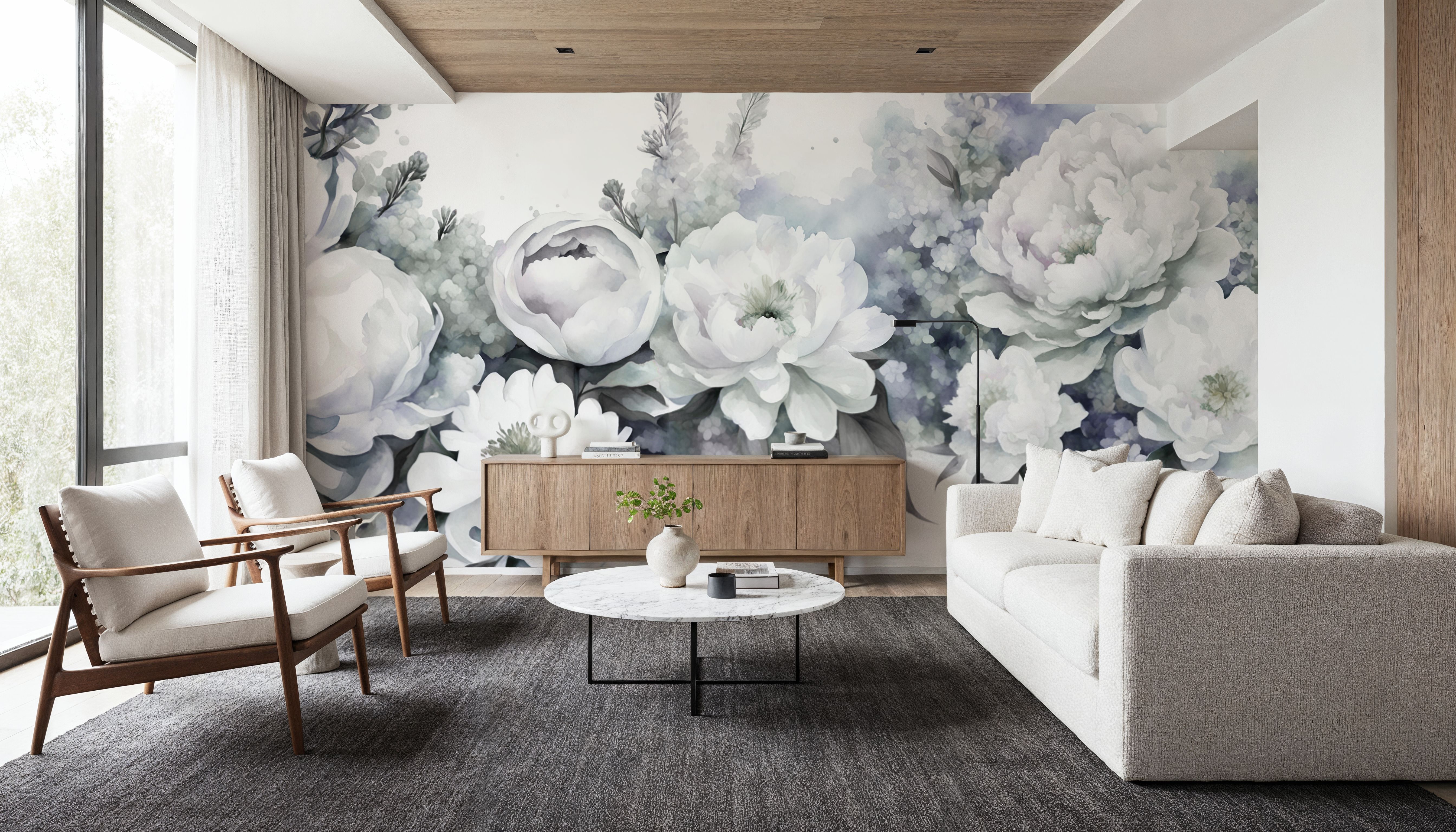 Peony Melody Blue wallpaper mural 100% PVC-free and non-toxic