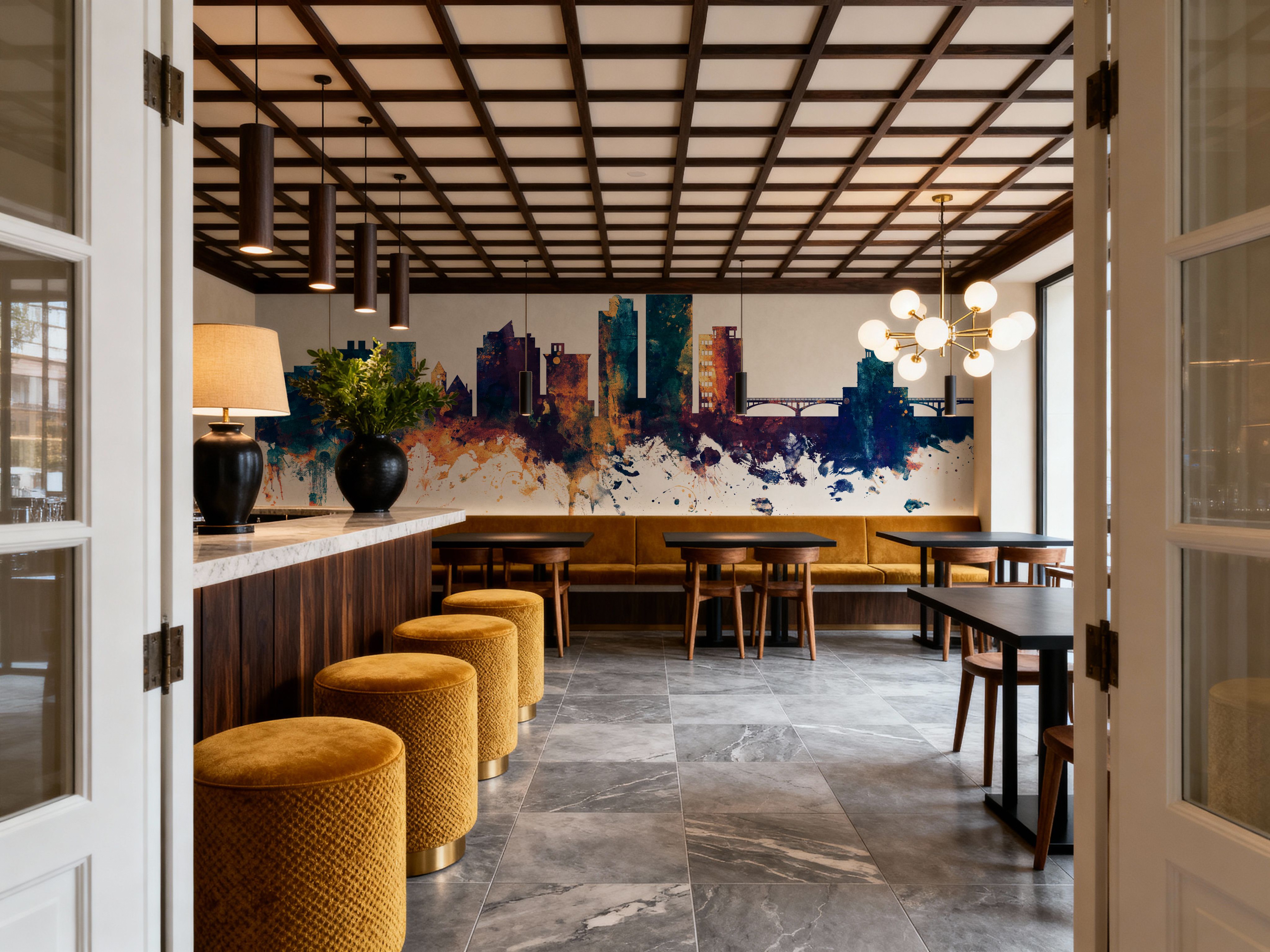 Cedar Rapids Iowa Skyline Blue & Bronze