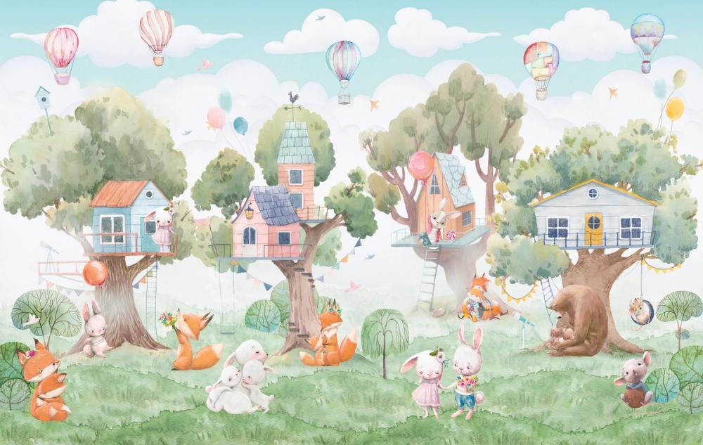 watercolor painted trees with houses in them on a meadow with bunnies and air ballons