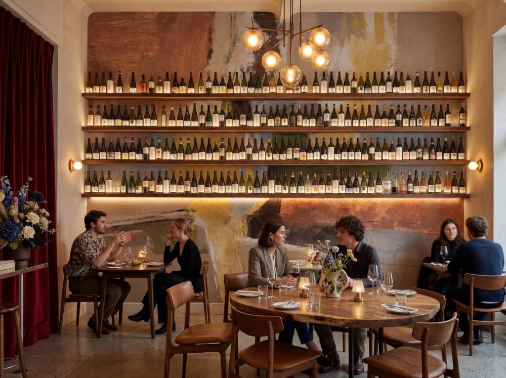 an interior photo of a wine bar with several shelves with wine and an abstract wall mural behind