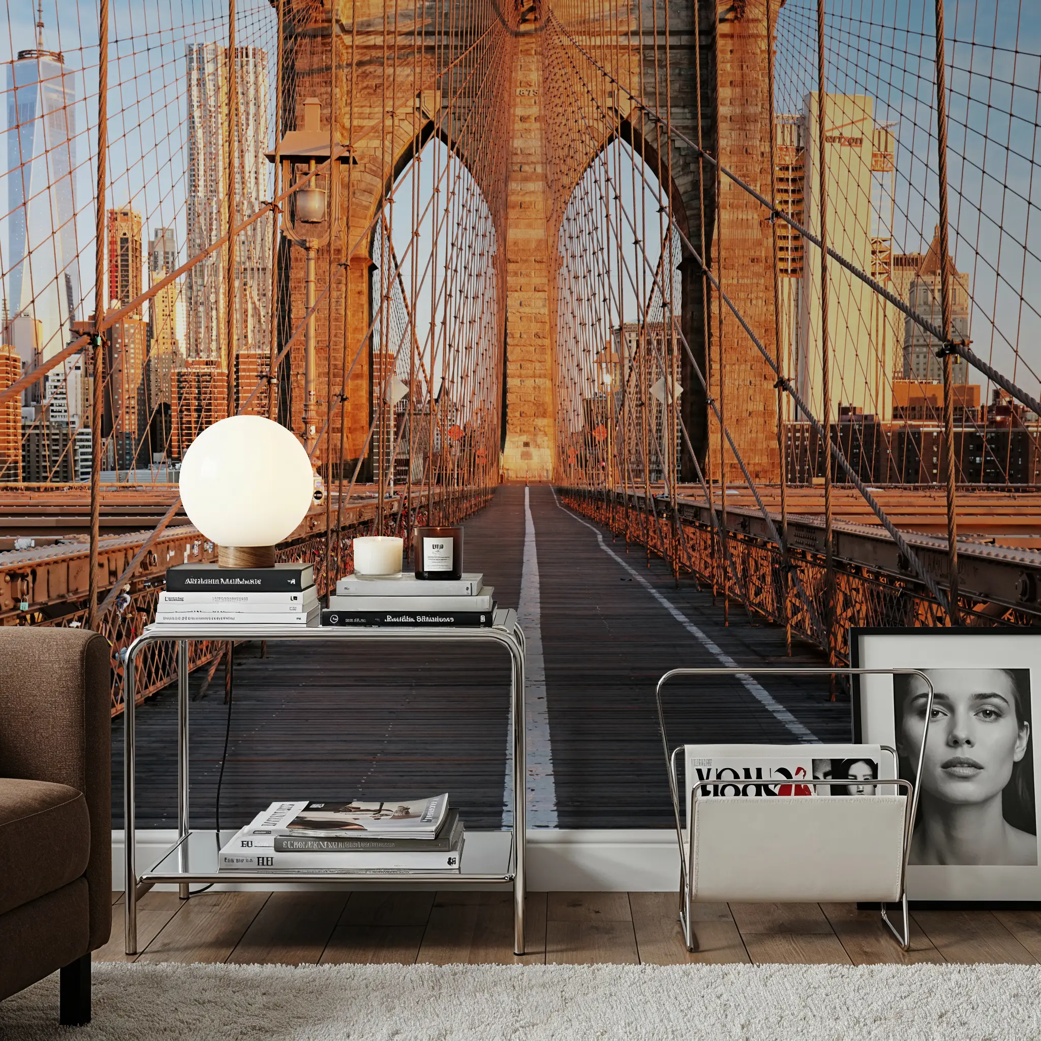 Fotobehang - Brooklyn Bridge - Architectuur Grote Steden Mural - Bruin - Kantoorruimtes - Wallism België - Zelfklevend of Vliesbehang