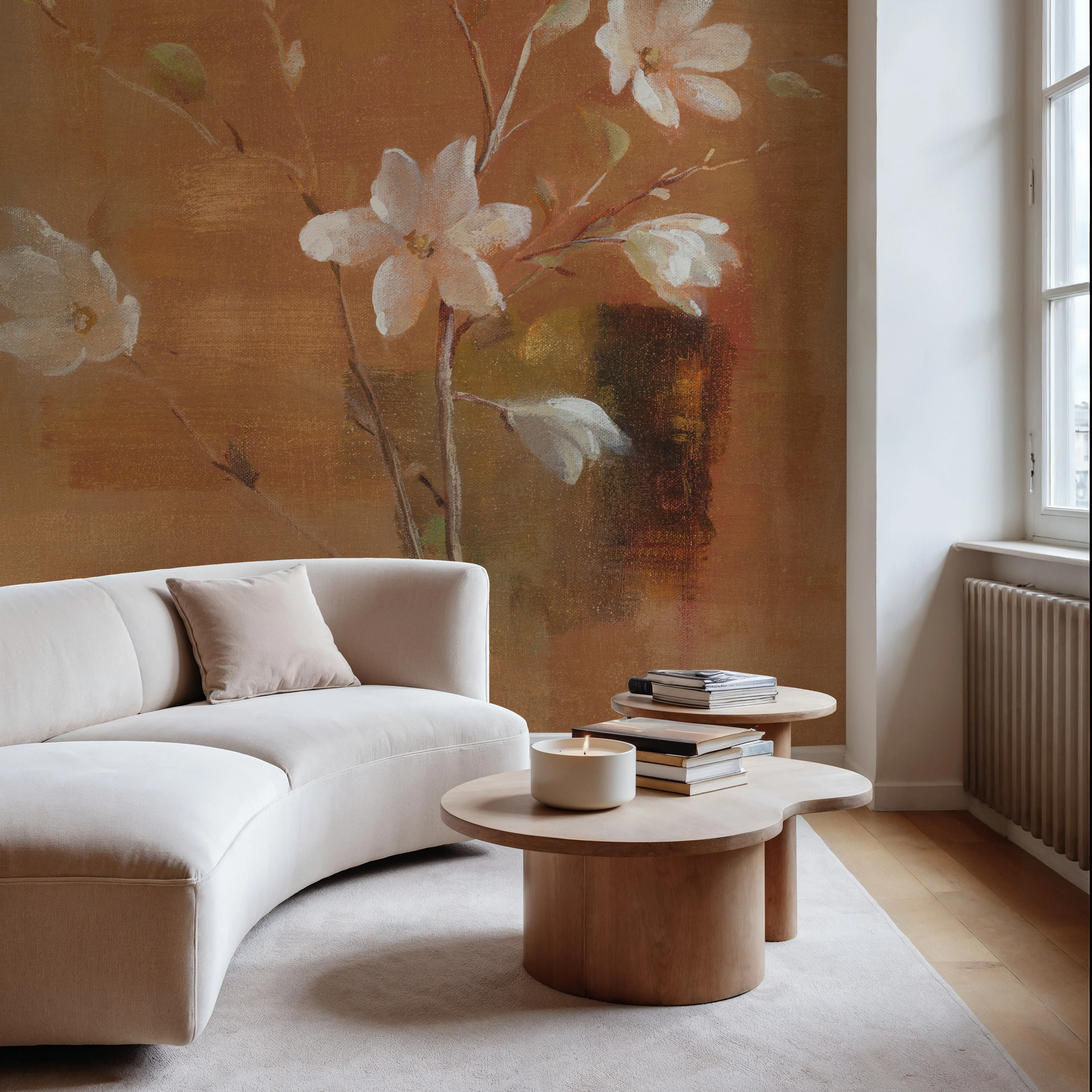 Papier Peint Panoramique - White Magnolia - Contemporain Nature - Marron - Salon - Wallism Belgique - Encollage au mur ou Autocollant