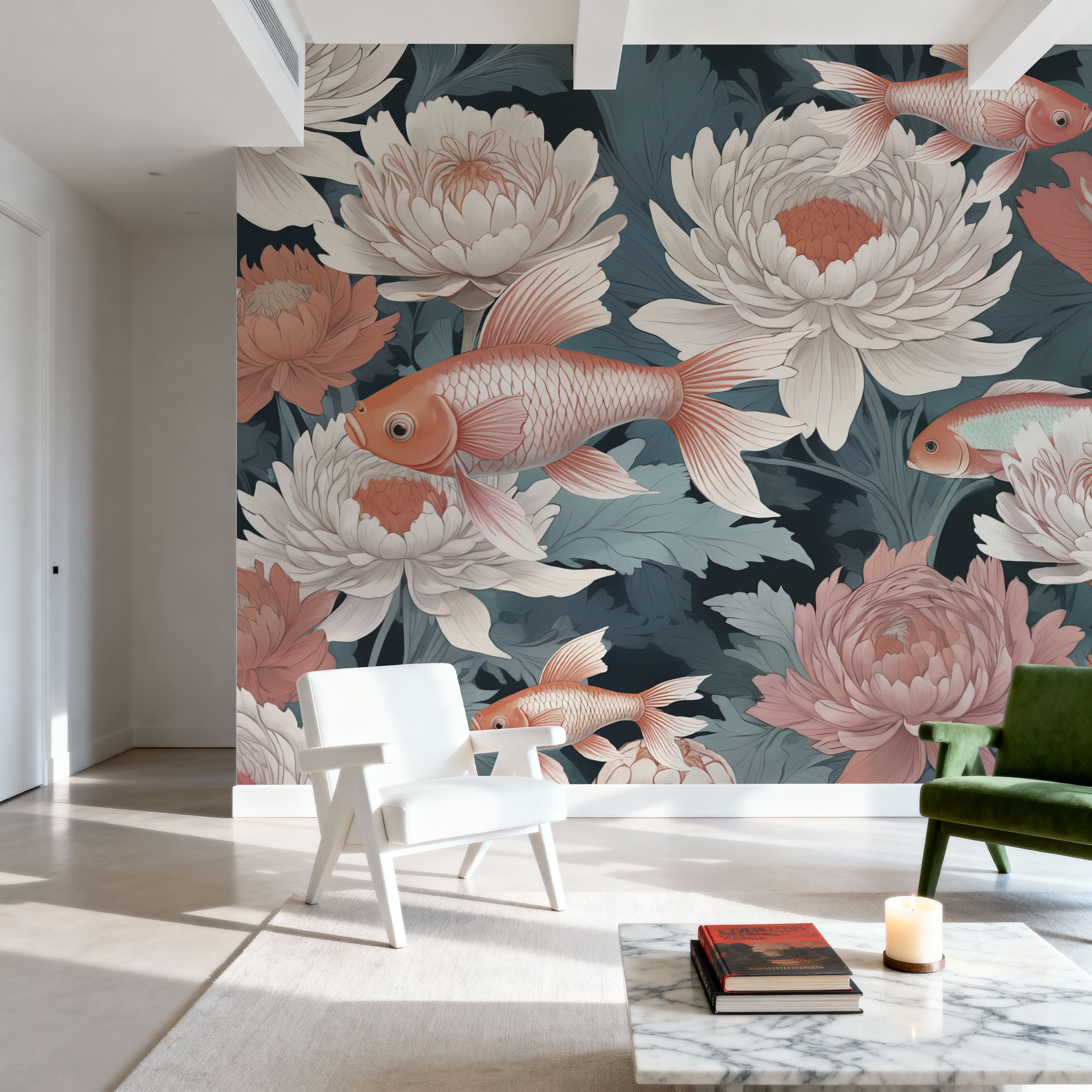 Dancing Fish, Peach on Teal