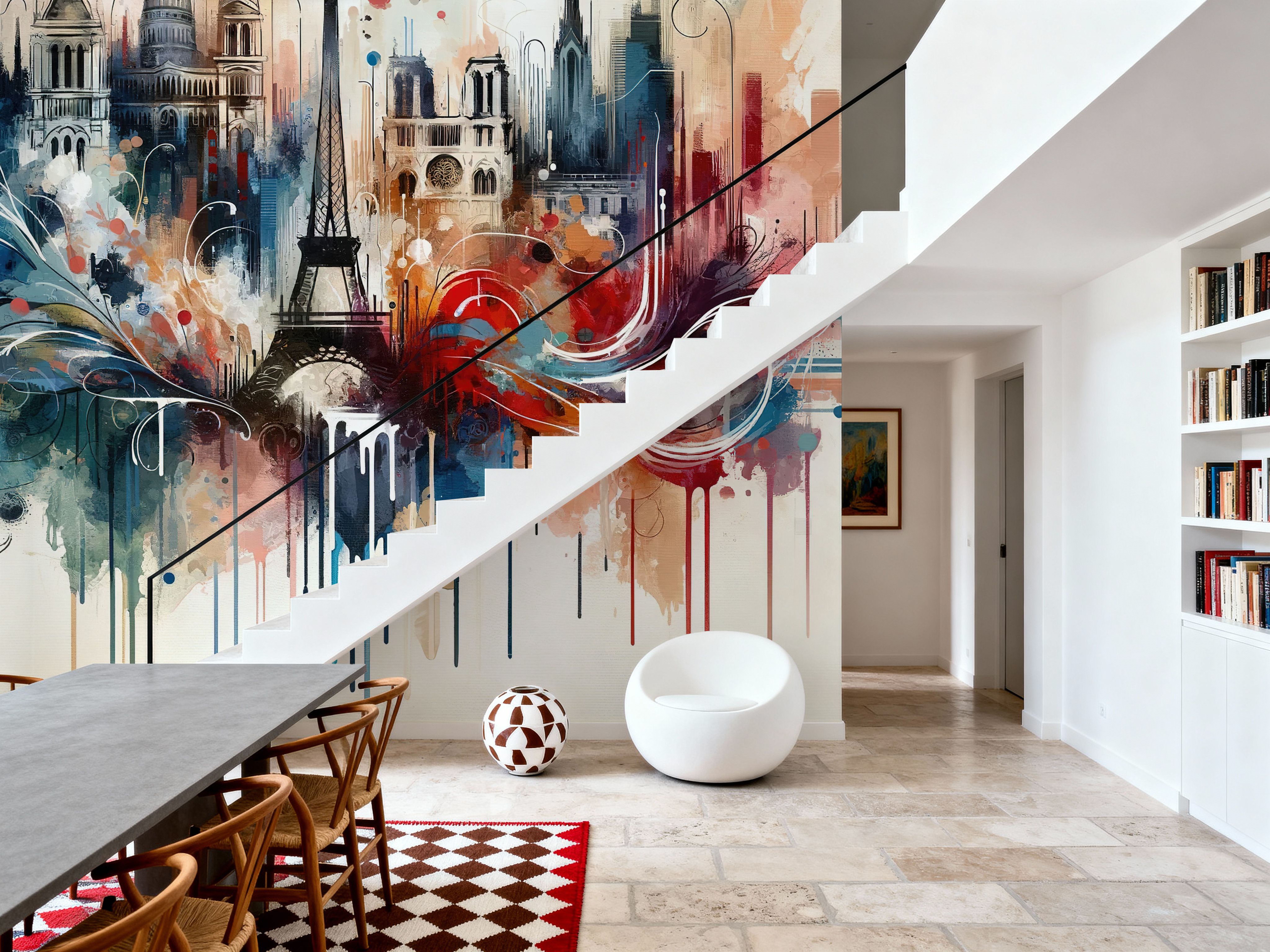 Wall Mural - Watercolor Skyline Paris IV - Abstract Architecture mural wallpaper - Hallway staircases - Wallism US - Premium, Textured or Peel & Stick